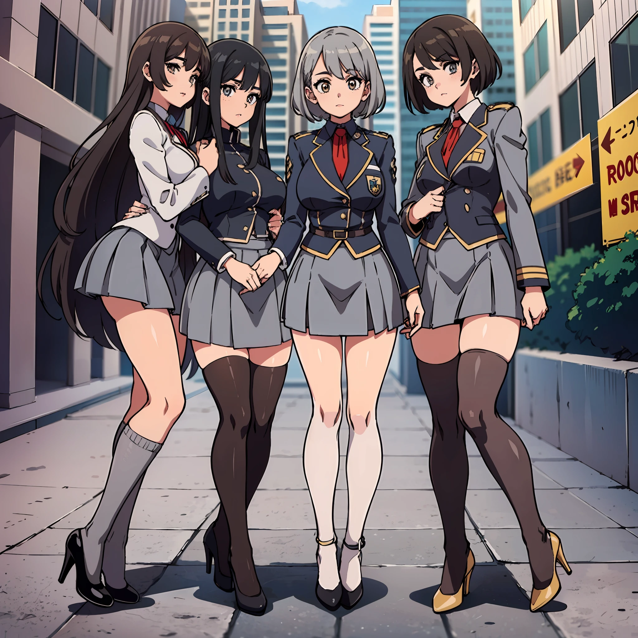 an anime style picture of the girls in the short skirts and white thigh high socks and high heels, +10girls, identical sisters, clones, hazel eyes, brown curly hair, froup picture, ((gray blazer, gray skirt, white thigh high socks, black high heels, uniform)), highly detailed face, perfect feet, portrait, full body, matching hairstyle, matching outfits