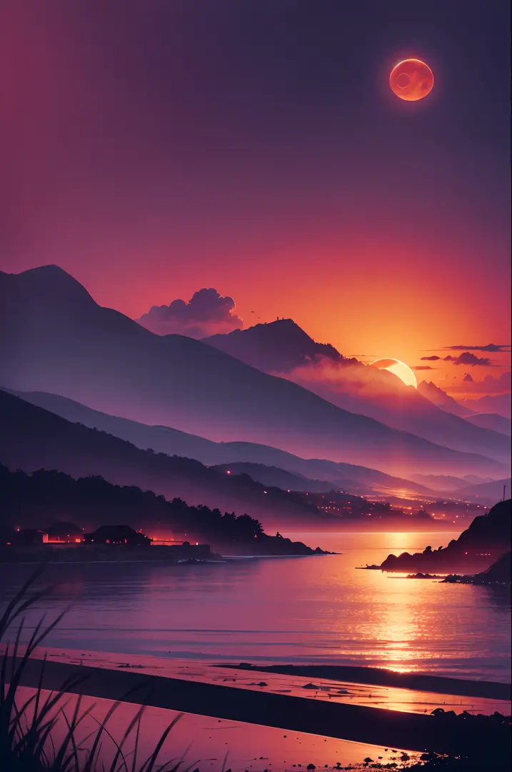 sketch,  anime key visual,  landscape of a Ultrarealistic Brutal color rural, at evening, red sunset with purple color, fade bloodmoon, The small A little mountain faded in the distance, Sketch, islandpunk, moody lighting, Oversaturated, overlapping compos...