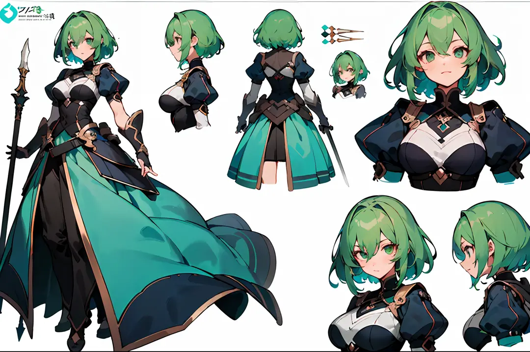 (masterpiece)),(((best quality))),((character design sheet,same character,front,side,back)),illustration,1 girl,medium hair,hair on eyes,beautiful eyes,environment Scene change, pose too, sexy big breasts female medium green hair, holding a spear, visible ...