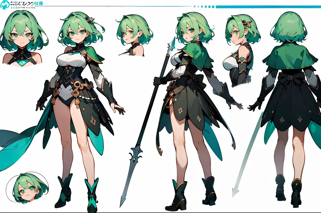 (masterpiece)),(((best quality))),((character design sheet,same character,front,side,back)),illustration,1 girl,medium hair,hair on eyes,beautiful eyes,environment Scene change, pose too, sexy big breasts female medium green hair, holding a spear, visible ...