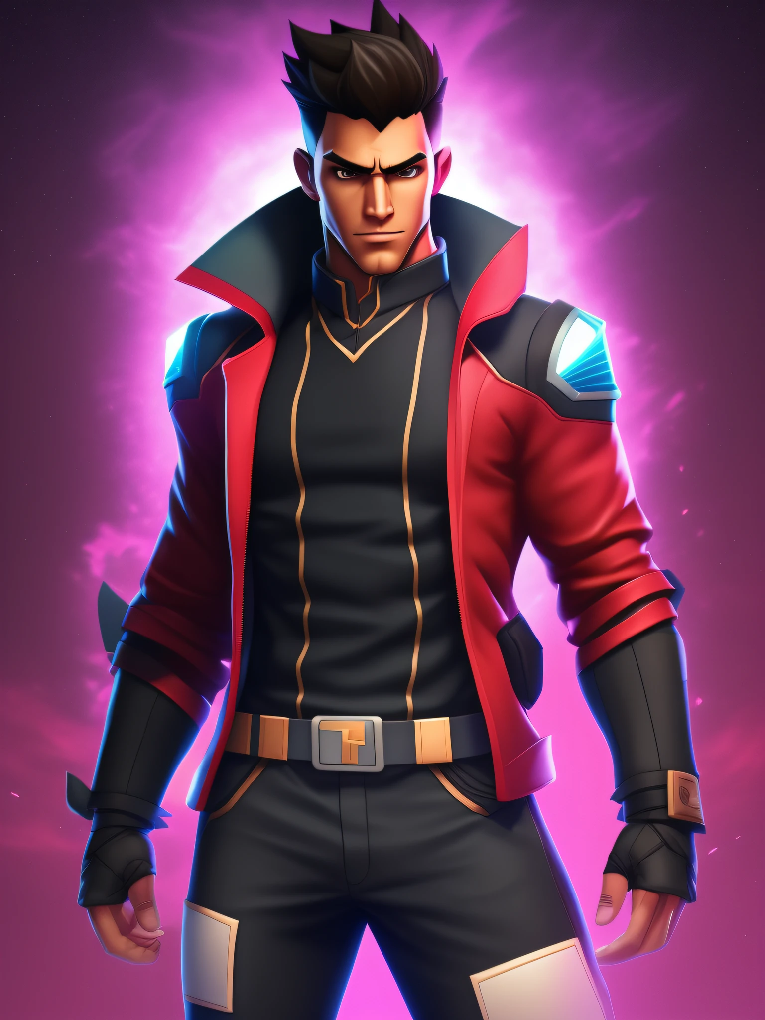 wallpaper featuring a central Fortnit-style (male character). He stands confident in the center, wearing a style and bold outfit, with a determined expression on his face. The background is clear and brave, with a sense of danger and intensity.