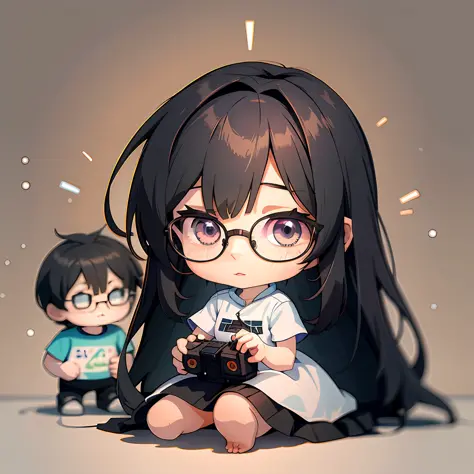 anime girl with glasses and a camera sitting on the ground, artwork in the style of guweiz, anime moe artstyle, anime style 4 k,...