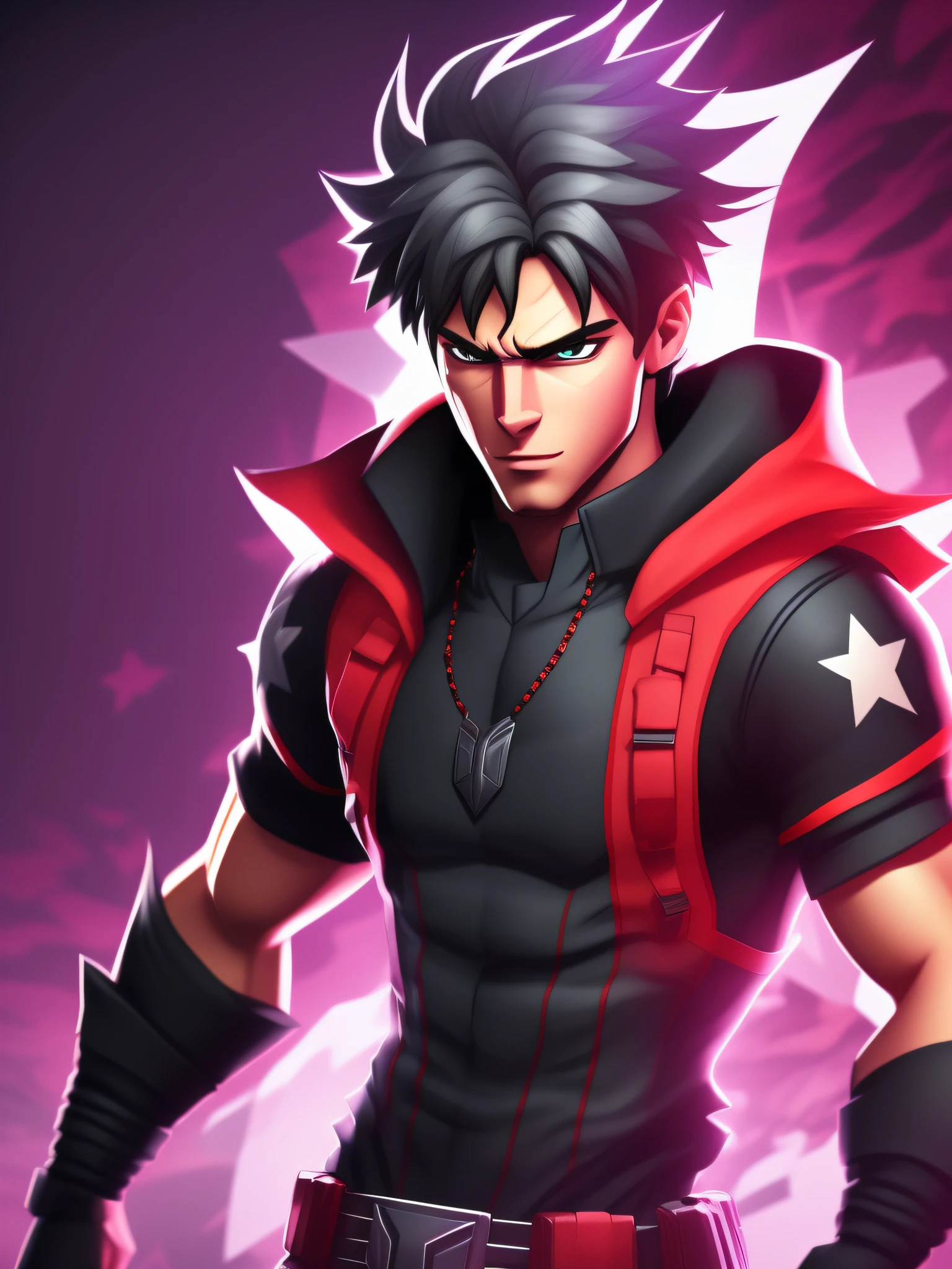 wallpaper featuring a central Fortnit-style (male character). He stands confident in the center, wearing a style and bold outfit, with a determined expression on his face. The background is clear and brave, with a sense of danger and intensity.