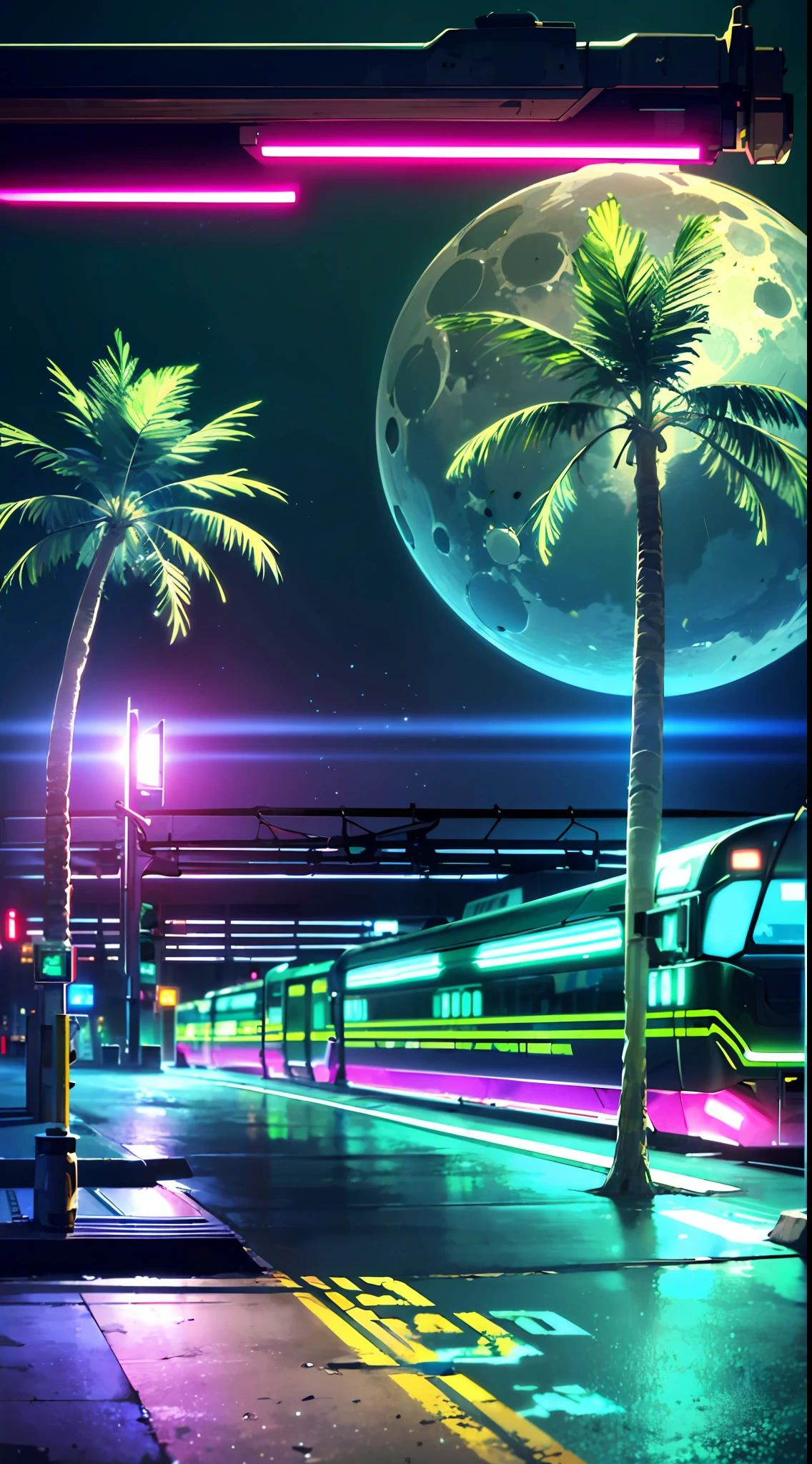 (masterpiece, detailed, high resolution:1.4), retrowave moon, train, open wet road, transformer, cyberpunk, cyberpunk 2077, cyberpunk night city neon background, sea, beach, palm trees, green-blue glitch effect, violet-pink neon glow, fluorescent yellow, light green, purple, mint