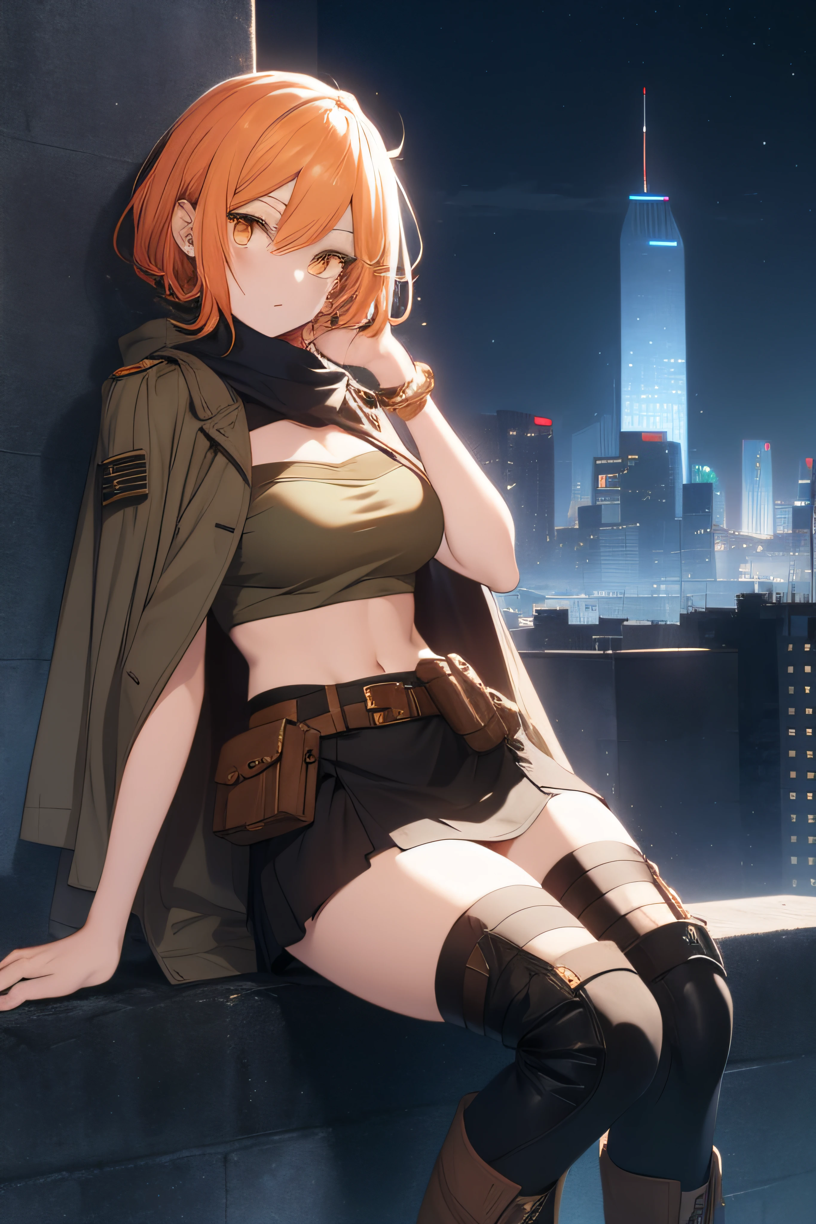 orange eyes light,richly faded light orange hair, anime 1girl, no skirt, brown military boots, pouch on the waist belt, khaki bikini, "black tights", "dark_orange knee pad on right leg",( night city:1.4), black long cloak, (good hand:1.5 ) good legs, (Good face: 1.5), 1girl, best hand, no worst hand. without clothes, in big city, khaki t-shirt, best face, very good face, best eyes, best anatomy,