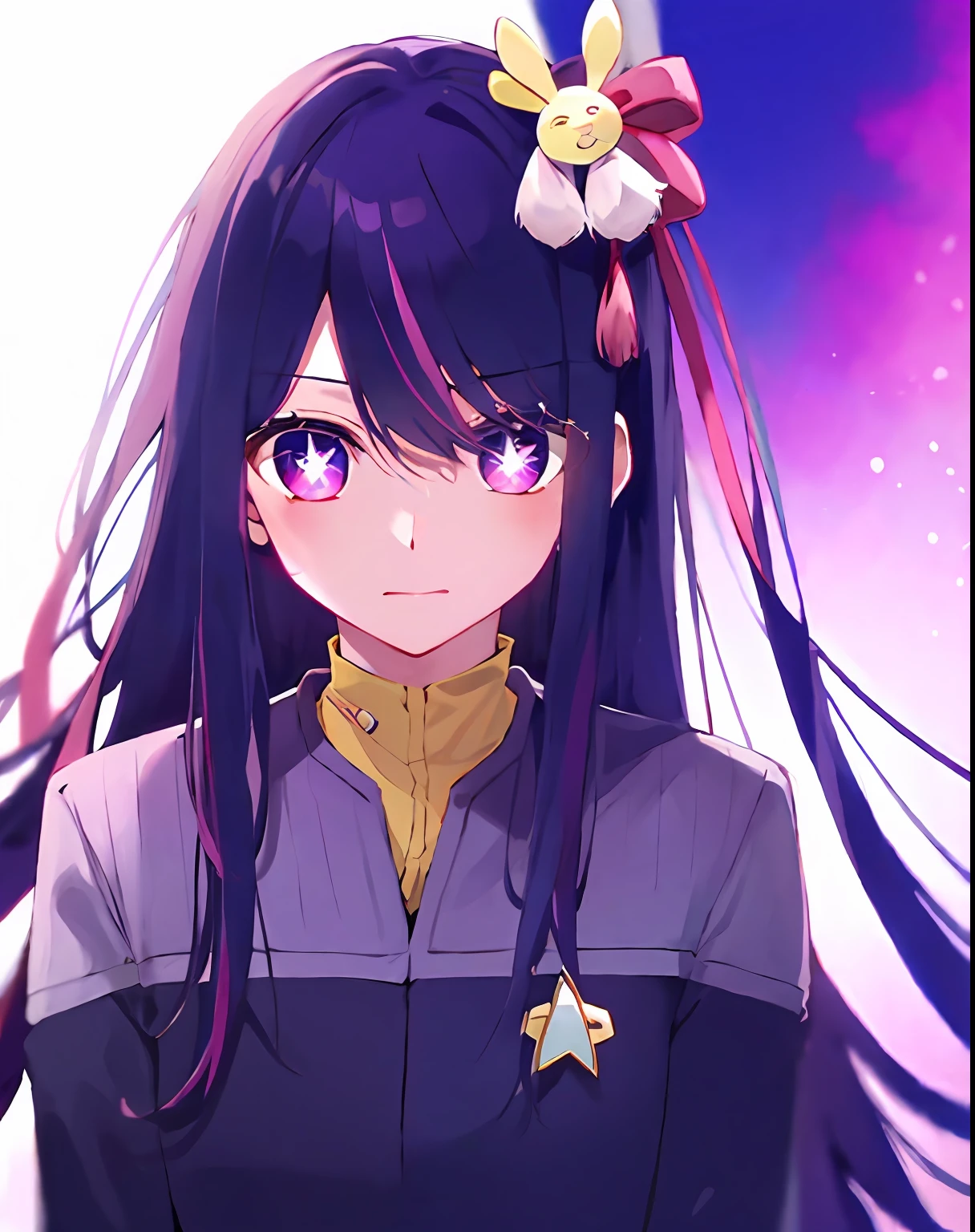 Hoshino Ai, long hair, purple hair, streaked hair ,purple eyes, star-shaped pupils, hair ornament, wearing ds9st uniform