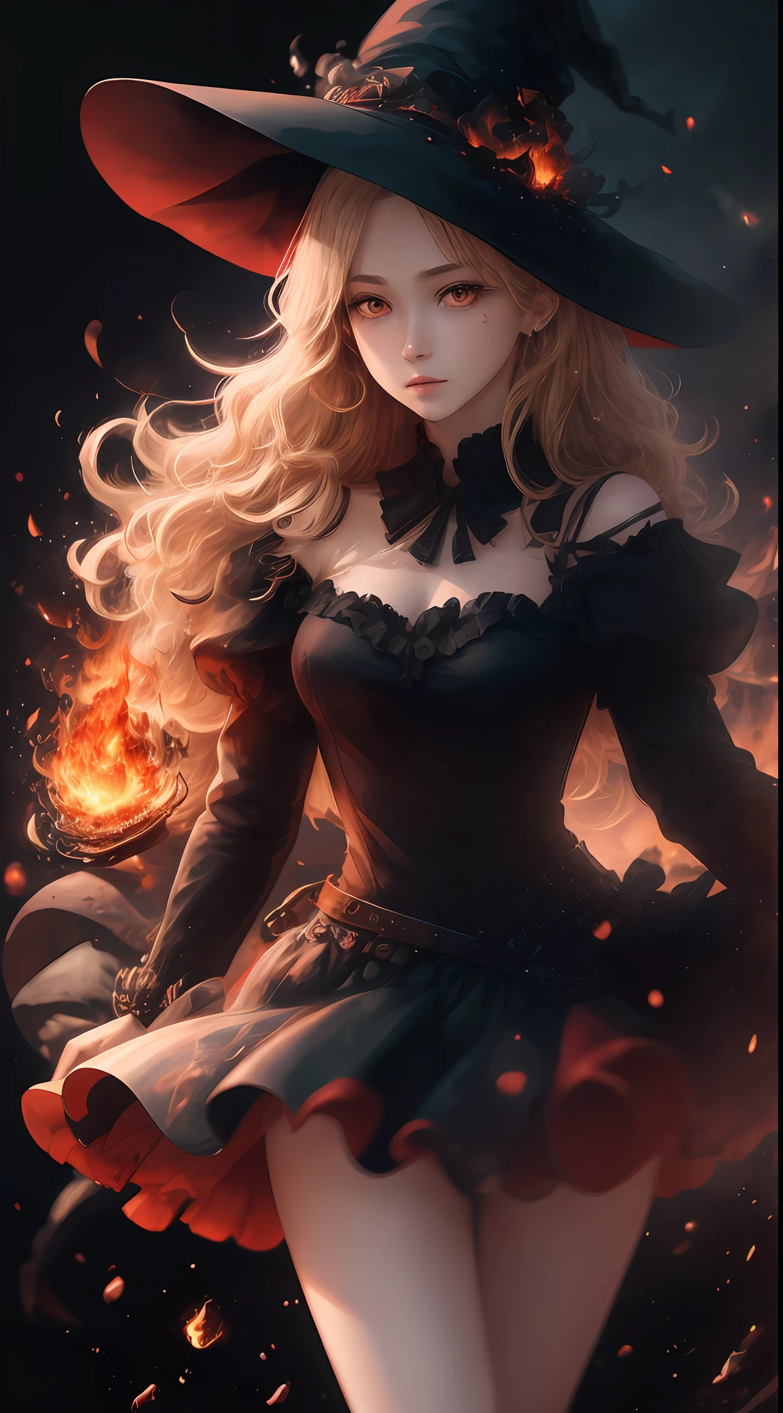Masterpiece, top quality, super detailed, illustration, 1 girl, upper body, realistic details. Real.
High contrast, chromatic aberration, limited palette
Magnificent, dynamic pose, surrounded by witch hat, red eyes, blonde hair, red beam, red effect, chaos, long hair, skirt and flames
city, dusk, lunis