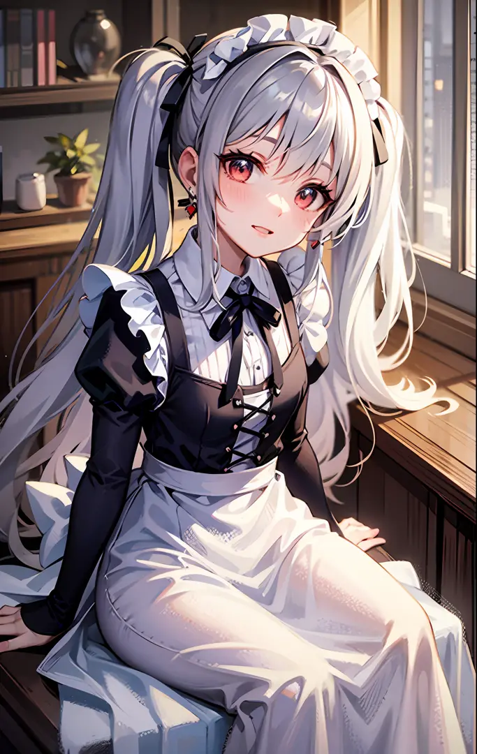 masterpiece, best quality,(loli:1) (maid:0.998), (apron:0.996), (solo:0.974), (skirt hold:0.971), (twintail long hair:0.968), (silver hair:0.958), (maid apron:0.944), (white apron:0.921), (red eyes:1.000), (dress:0.894), (curtsey:0.841), (earrings:0.840), ...