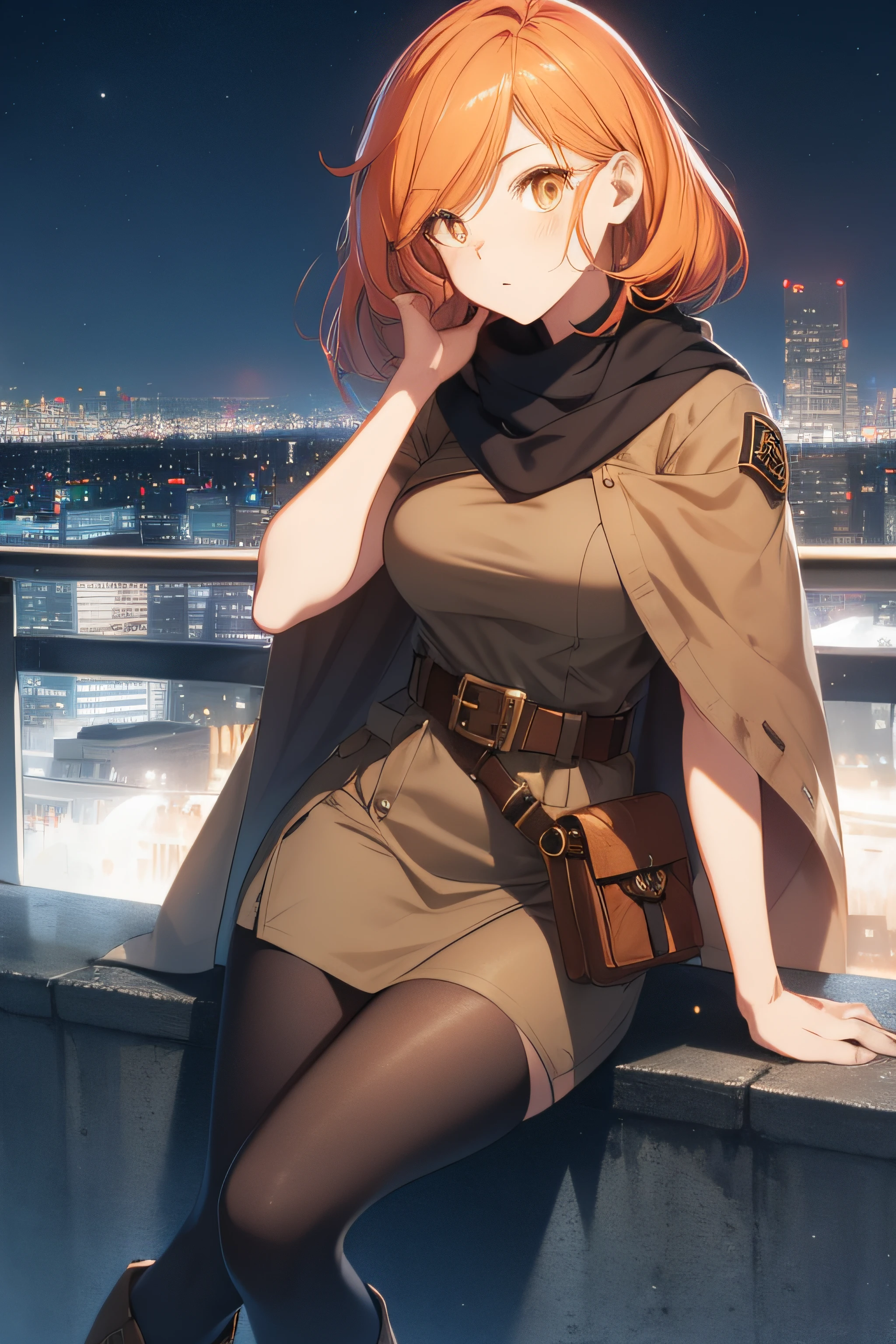 orange eyes light,richly faded light orange hair, anime 1girl, no skirt, brown military boots, pouch on the waist belt, khaki bikini, "black tights", "dark_orange knee pad on right leg",( night city:1.4), black long cloak, (good hand:1.5 ) good legs, (Good face: 1.5), 1girl, best hand, no worst hand. without clothes, in big city, khaki t-shirt, best face, very good face, best eyes, best anatomy,