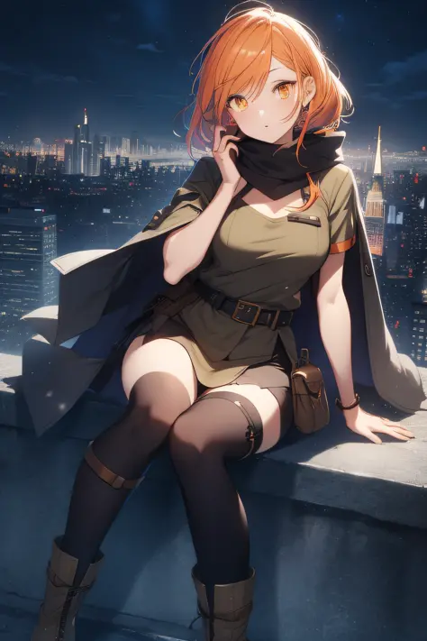 orange eyes light,richly faded light orange hair, anime 1girl, no skirt, brown military boots, pouch on the waist belt, khaki bi...