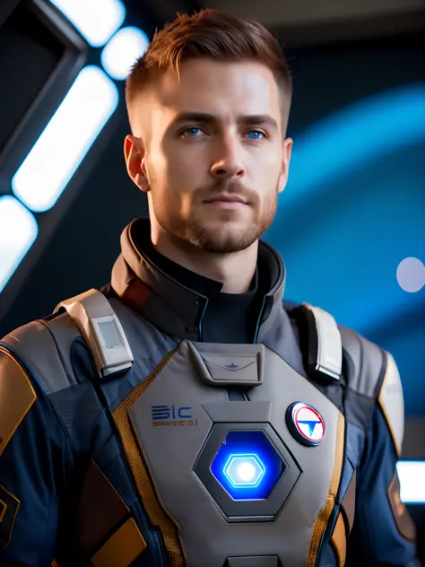 fking_scifi, award-winning photo of a man, black flight suit with blue accents, brown hair, facial hair, (gray eyes:1.35), square jawline, asymmetric face, standing in front of a window on a space ship, 80mm, bokeh, mass effect, close up, fking_cinema_v2