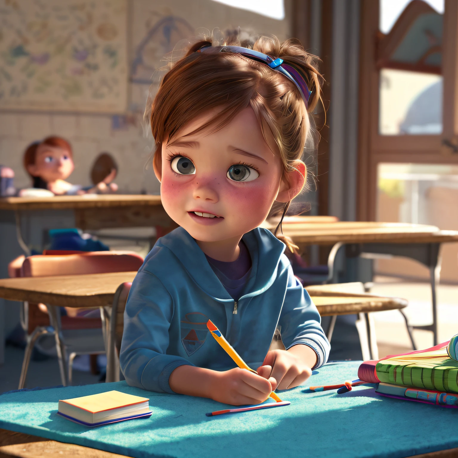 (Pixar style: 1.25) A  doing school activities, natural skin texture, 4K textures, HDR, intricate, highly detailed, sharp focus, cinematic appearance, hyper-detailed --auto