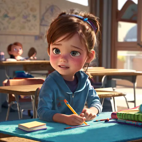 (Pixar style: 1.25) A little girl doing school activities, natural skin texture, 4K textures, HDR, intricate, highly detailed, s...