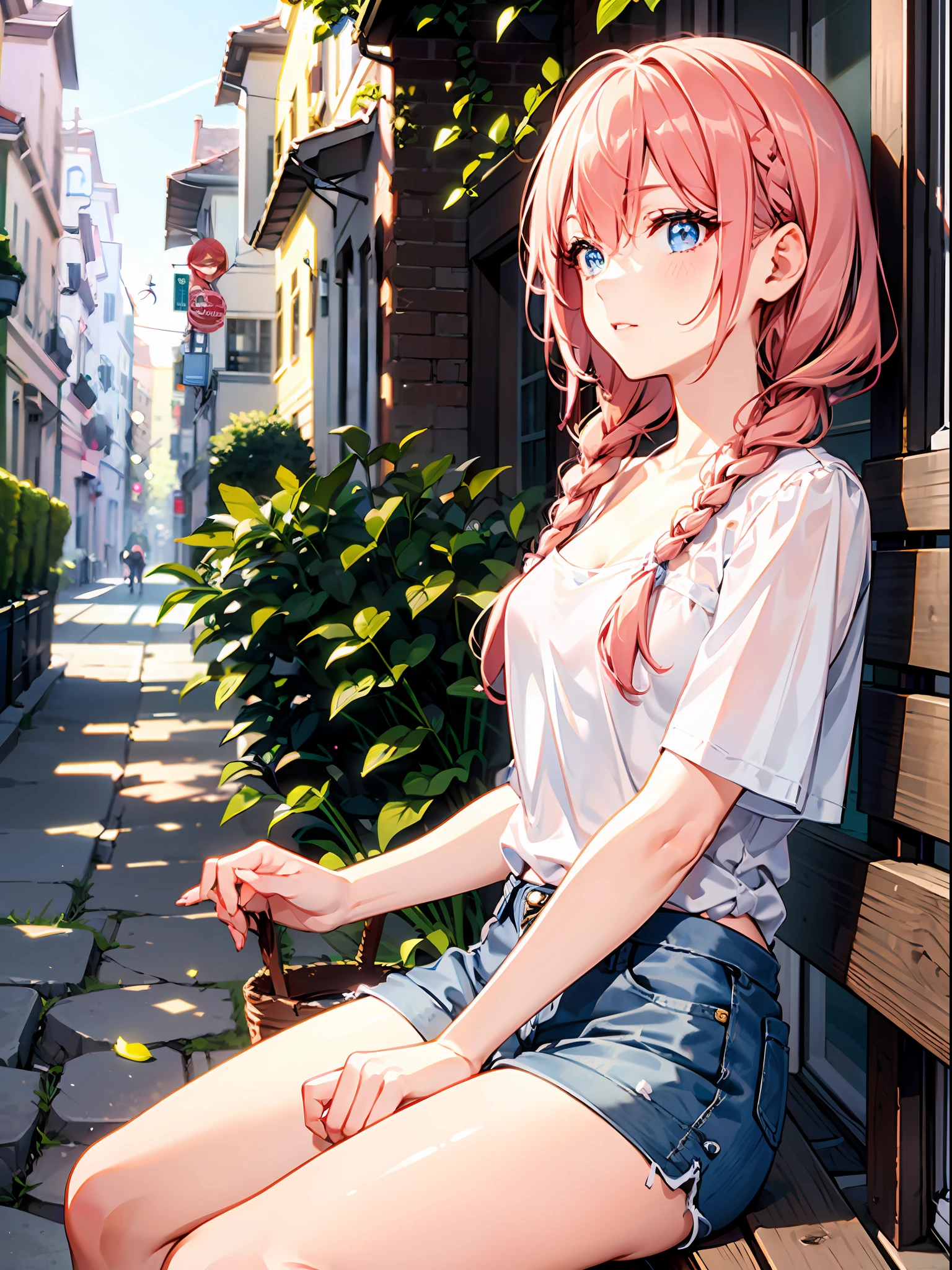 1girl, (solo:1.2), ((masterpiece)), slim, small chest, pale skin, ((detailed eyes)), (bokeh effect), (dynamic angle), dynamic pose, girl has pale rose colored hair styled in two braids that fall over her shoulders. She sits on a pale wooden bench looking out at a picturesque garden with flowerbeds and winding paths. She wears an oversized white shirt hanging loose and pair of denim shorts.