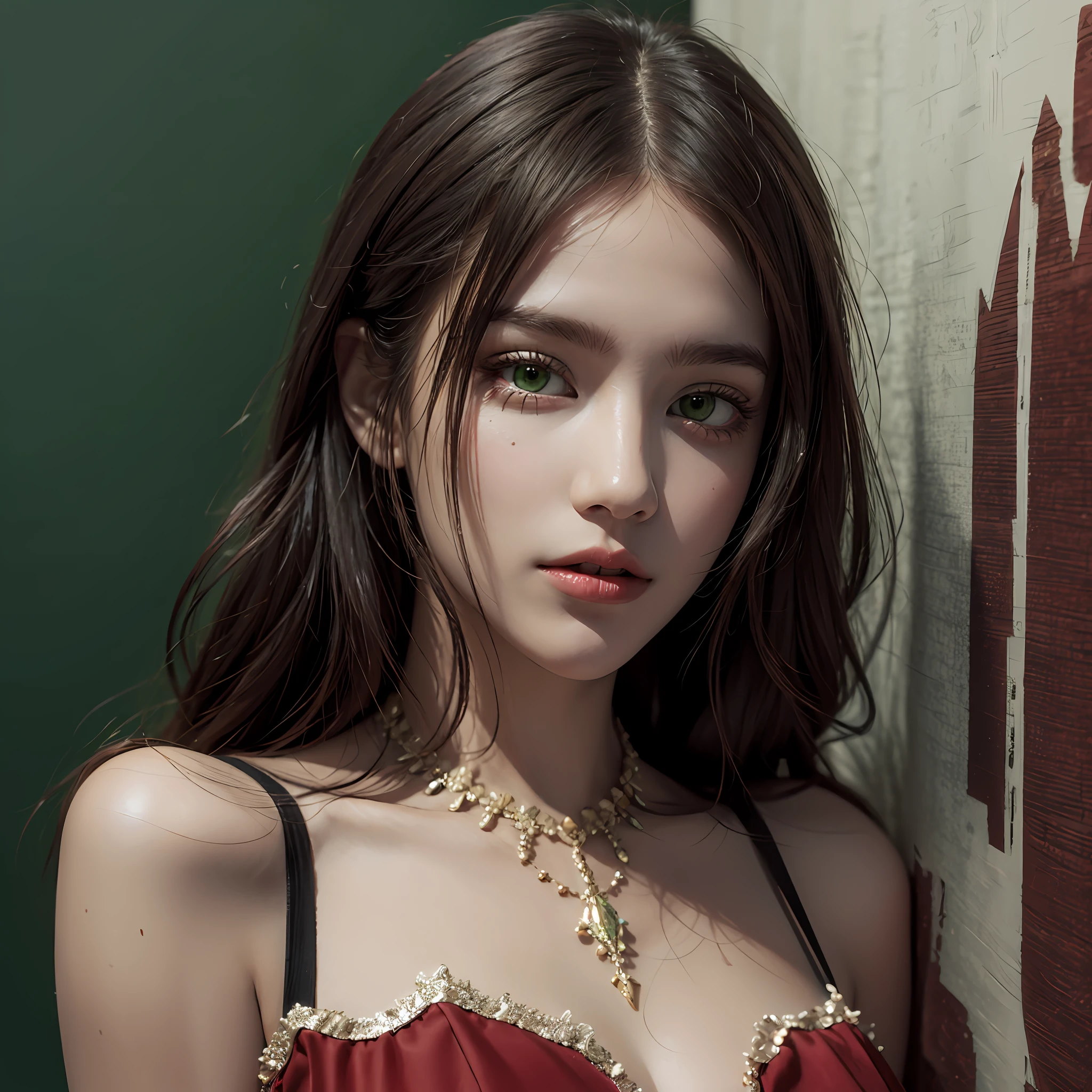 Beautiful, girl, green eyes, red dress, realistic, detailed --high quality