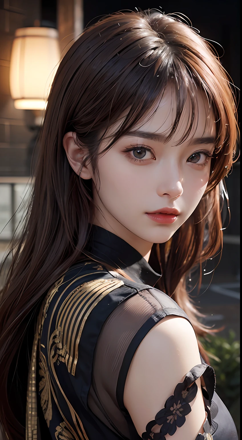 Masterpiece, 1 Beautiful Girl, Detailed Eyes, Swollen Eyes, Top Quality, Ultra High Resolution, (Reality: 1.4), Cinematic Lighting, Japanese, Asian Beauty, Korean, Very Beautiful, Beautiful Skin, Slender, Body Facing Forward, (Ultra Realistic), (High Resolution), (8K), (Very Detailed), ( Best Illustration), (beautifully detailed eyes), (super detailed), (wallpaper), detailed face, bright lighting, professional lighting, looking at viewer, facing straight ahead, outfit is neat shirt and dress, 46 point slanted bangs, night view, black hair (some red hair with mesh),