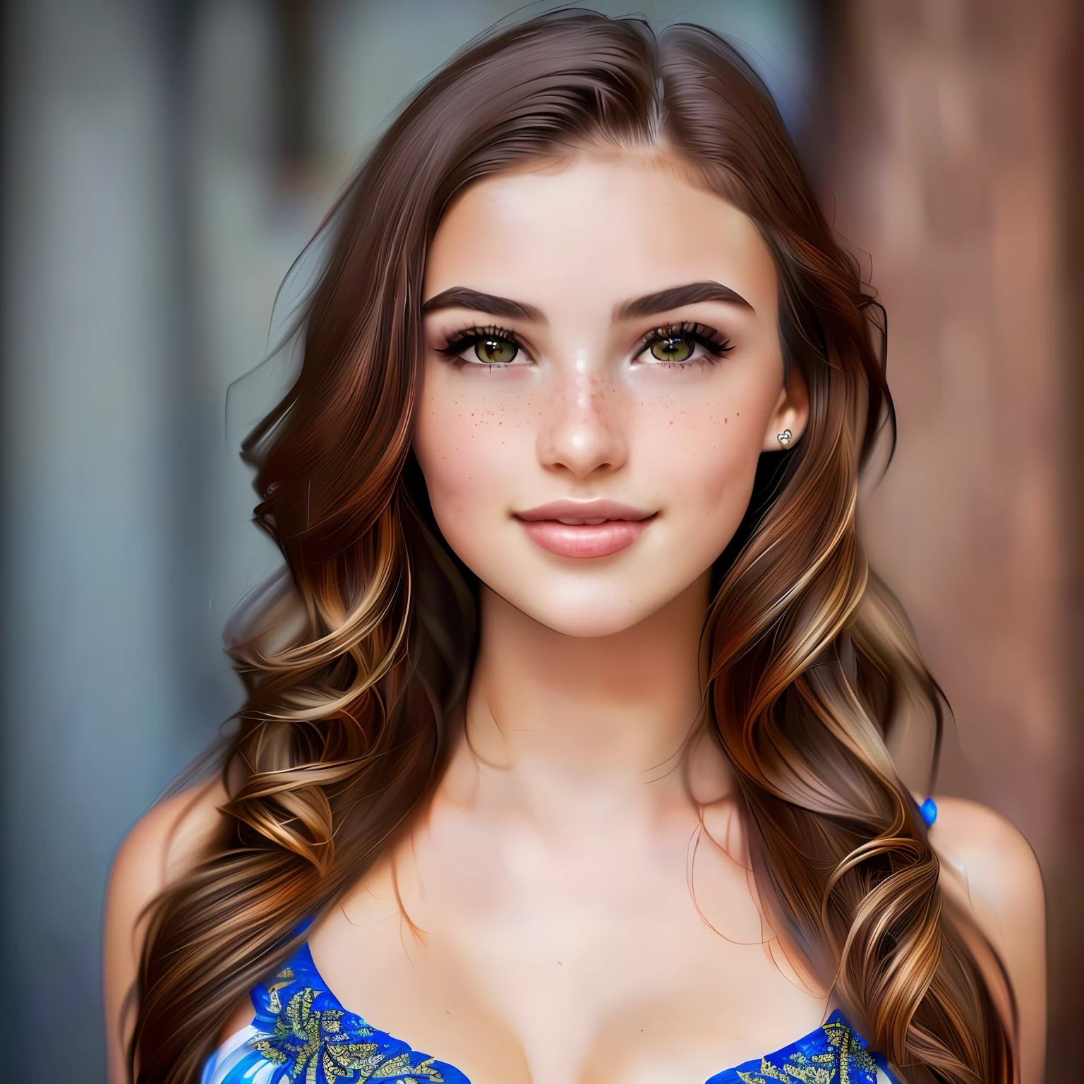 Photo, (sharp focus:1.2), attractive young woman, (beautiful face:1.1), detailed eyes, (smile:0.9), (body freckles:0.9),, (medium breasts:0.8), (toned body:1.2), shiny (brown hair:1.1), wearing (skirt:1.2). depth of field. 4K, HDR. by (James C. Christensen:1.2|Jeremy Lipking:1.1), Brazilian woman, city background, clear eyes, symmetrical face, ultra-detailed, ultra-realistic, perfect composition, best quality, intricate, stunning, artwork