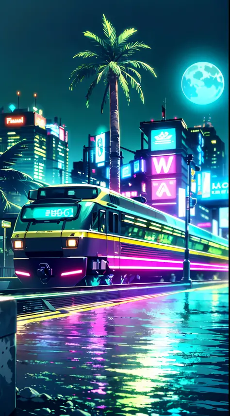 (masterpiece, detailed, high resolution:1.4), retrowave moon, train, open wet road, transformer, cyberpunk, cyberpunk 2077, cybe...