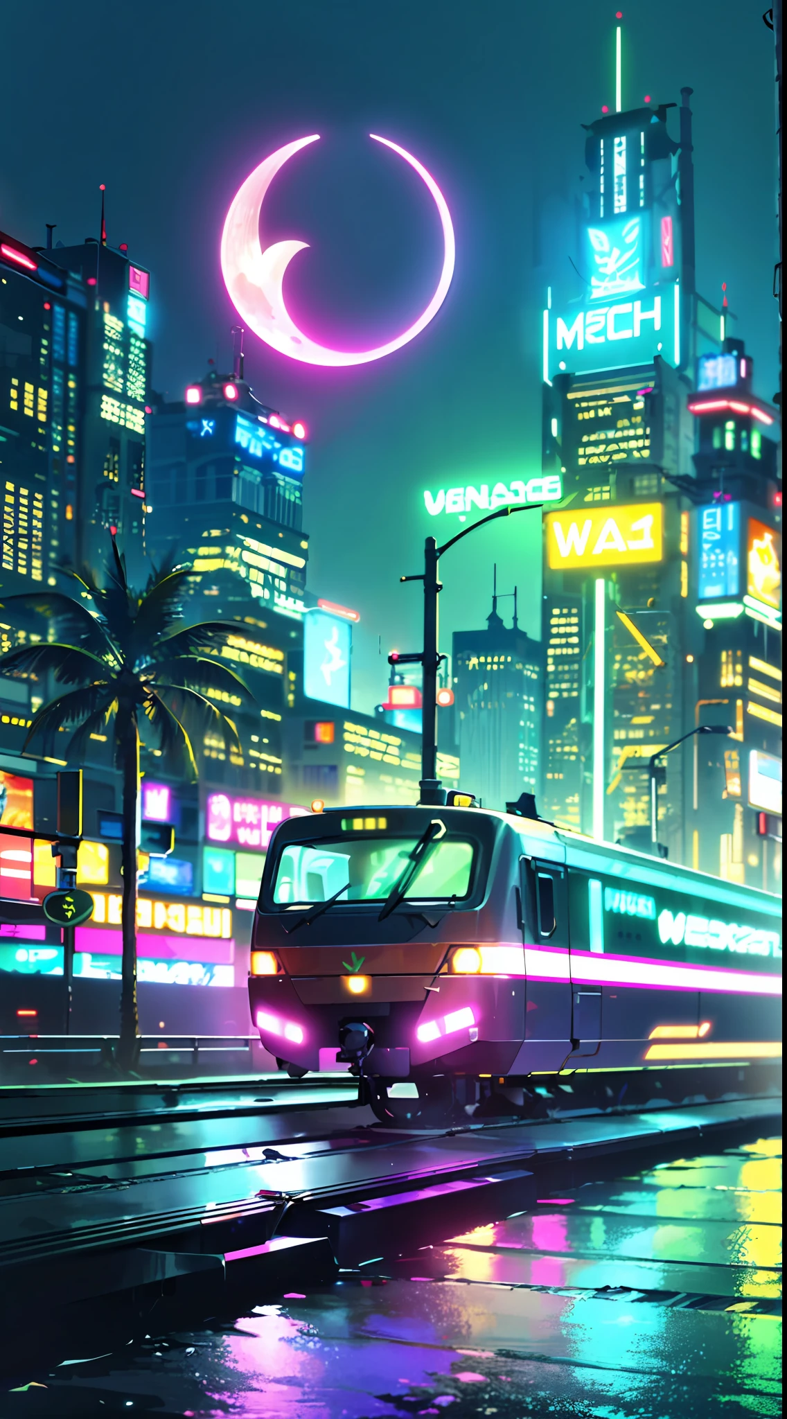 (masterpiece, detailed, high resolution:1.4), retrowave moon, train, open wet road, transformer, cyberpunk, cyberpunk 2077, cyberpunk night city neon background, sea, beach, palm trees, green-blue glitch effect, violet-pink neon glow, fluorescent yellow, light green, purple, mint