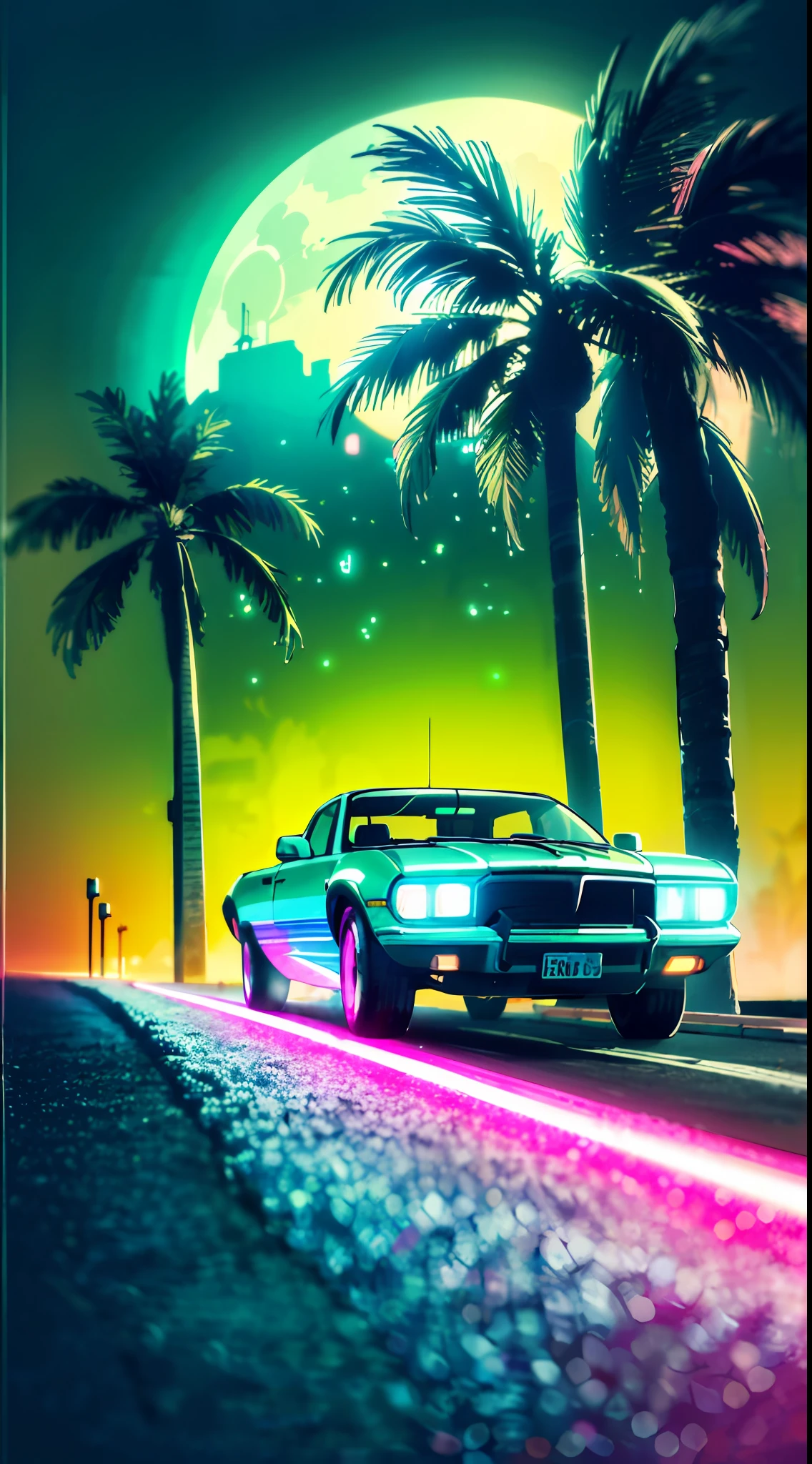 (masterpiece, detailed, high resolution:1.4), retrowave moon, on yacht, open wet road, transformer, cyberpunk, cyberpunk 2077, lucy, cyberpunk night city neon background, sea, beach, palm trees, green-blue glitch effect, violet-pink neon glow, fluorescent yellow, light green, purple, mint