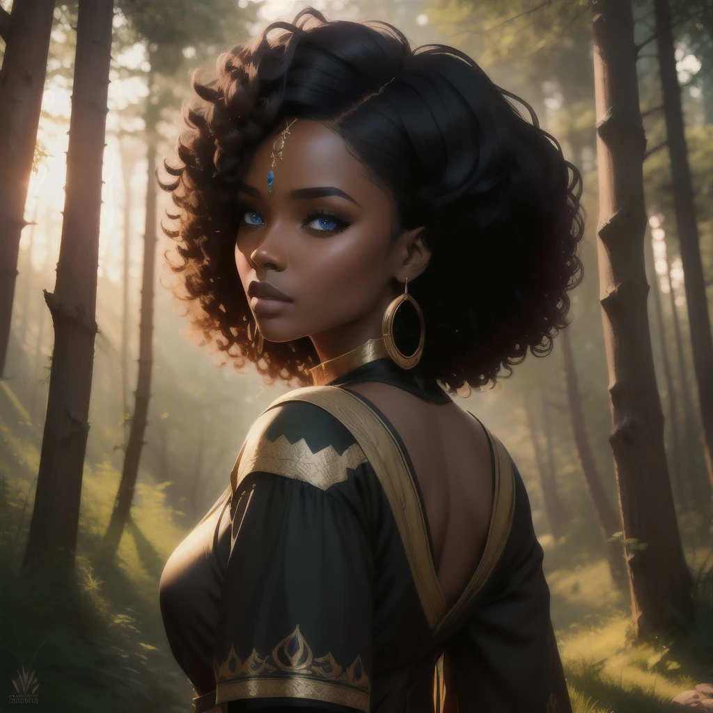 femme, belle peau noire, africain, visage symétrique, cheveux noirs bouclés cheveux bouclés, yeux bleus, arrière, haut du corps, portrait, vêtements ceda, bijoux lumineux, lumière dynamique, paysage forestier médiéval, HD, 8k, TN-RpgGameGirl