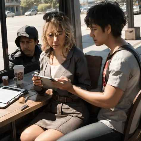 they are sitting at a table with a tablet and a coffee cup, intense scene, still from a live action movie, very realistic film s...