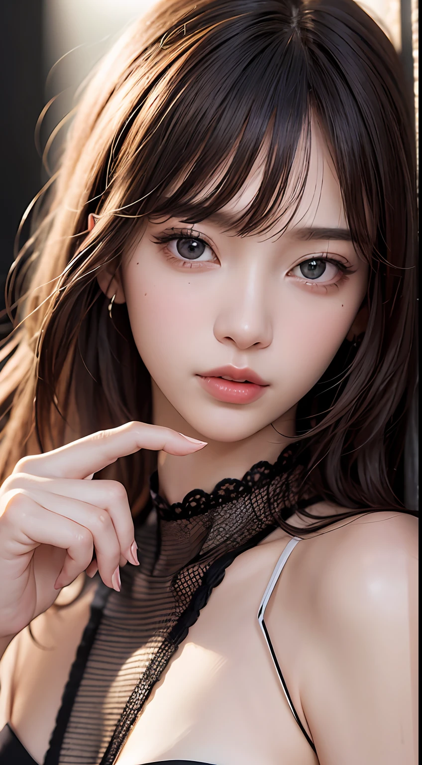 Masterpiece, 1 Beautiful Girl, Detailed Eyes, Swollen Eyes, Top Quality, Ultra High Resolution, (Reality: 1.4), Cinematic Lighting, Japanese, Asian Beauty, Korean, Very Beautiful, Beautiful Skin, Slender, Body Facing Forward, (Ultra Realistic), (High Resolution), (8K), (Very Detailed), ( Best Illustration), (beautifully detailed eyes), (super detailed), (wallpaper), detailed face, bright lighting, professional lighting, looking at viewer, facing straight ahead, outfit is neat light pink shirt and dress, 46 point slanted bangs, night view, black hair (some red hair with mesh),