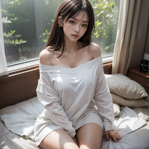 Pretty Girl, young Girl, long hair, hair bang, asian girl, big breast, wering big white shirt, wearing only shirt, off shoulder shirt, sit on the bed, crossed leg sit, white blanket, sunlight wash, windows light, cute bed room