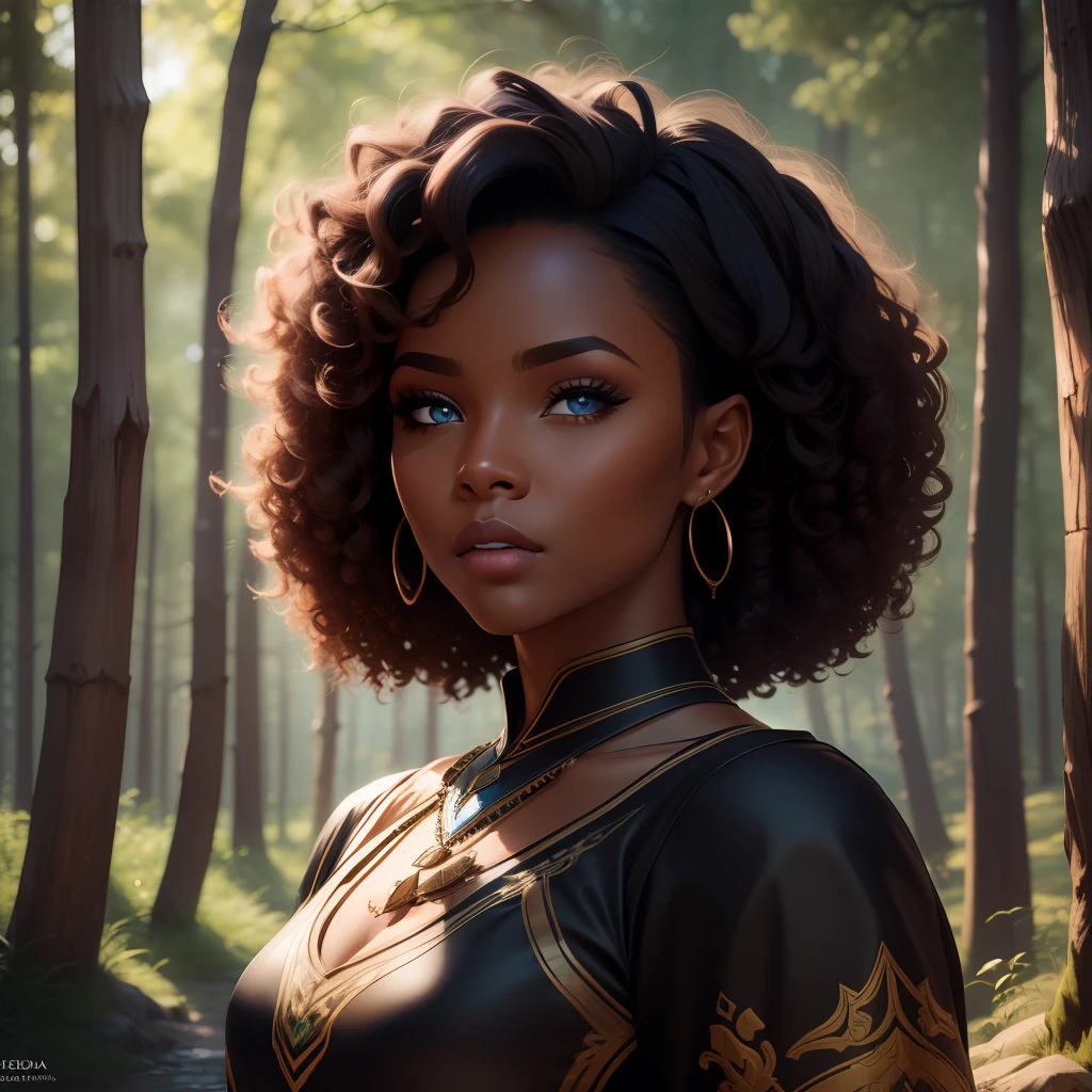 femme, belle peau noire, africain, visage symétrique, cheveux noirs bouclés cheveux bouclés, yeux bleus, arrière, haut du corps, portrait, vêtements ceda, bijoux lumineux, lumière dynamique, paysage forestier médiéval, HD, 8k, TN-RpgGameGirl