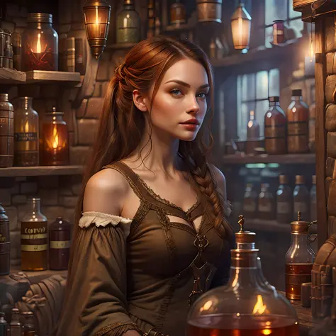 beautiful ginger women in detailed dress at cozy detailed potions shop, air above hair, IPA award wining, masterpiece
