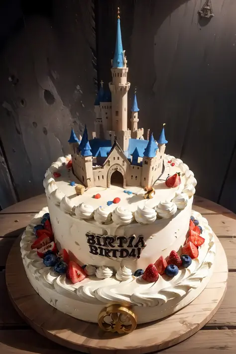 birthday cake, castle-shaped, with fruits, treats, 8k, ultra realistic