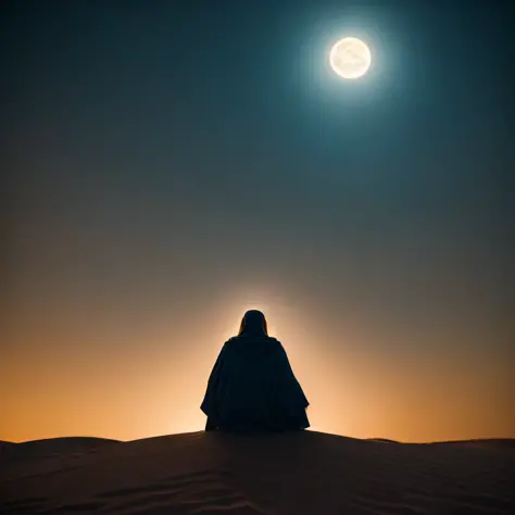 Cinematic shot, Jesus at night under full moon and starving and cold sitting in the dark Judaean Desert haunted by Satan, shot from movie, cinema composition shot, professional color grading, epic volumetric lighting, sharp focus, film grain, high dynamic ...