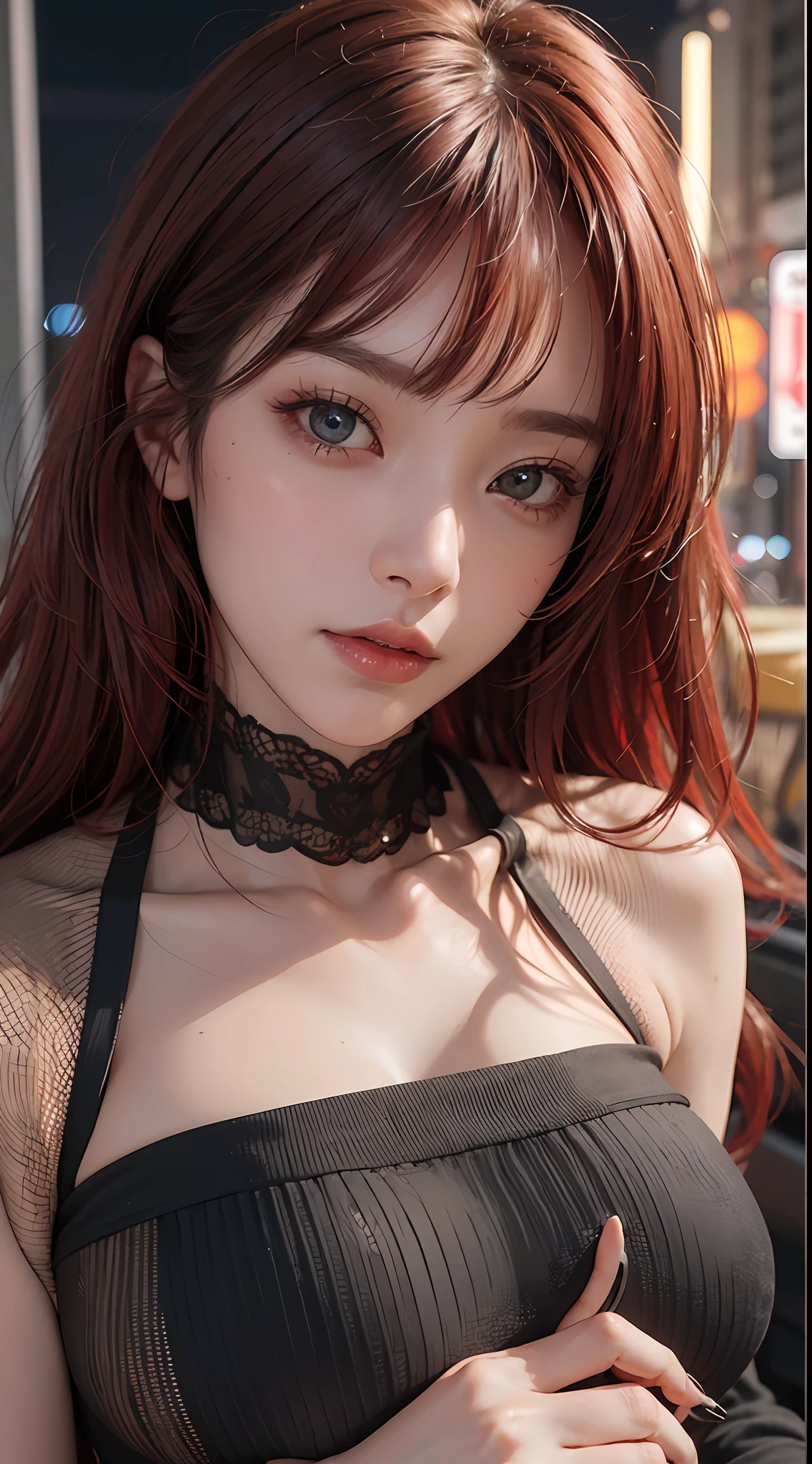 Masterpiece, 1 Beautiful Girl, Detailed Eyes, Swollen eyes, Top Quality, Ultra High Resolution, (Reality: 1.4), Cinematic Lighting, Japanese, Asian Beauty, Korean, Very Beautiful, Beautiful Skin, Slender, Body Facing Forward, (ultra realistic), (High Resolution), (8k), (Very Detailed), ( Best Illustration), (beautifully detailed eyes), (super detailed), (wallpaper), detailed face, bright lighting, professional lighting, looking at viewer, facing straight ahead, outfit is neat light pink shirt and dress, 46 point slanted bangs, night view, black hair (some red hair with mesh),Nogizaka４６、Saito Asuka、
