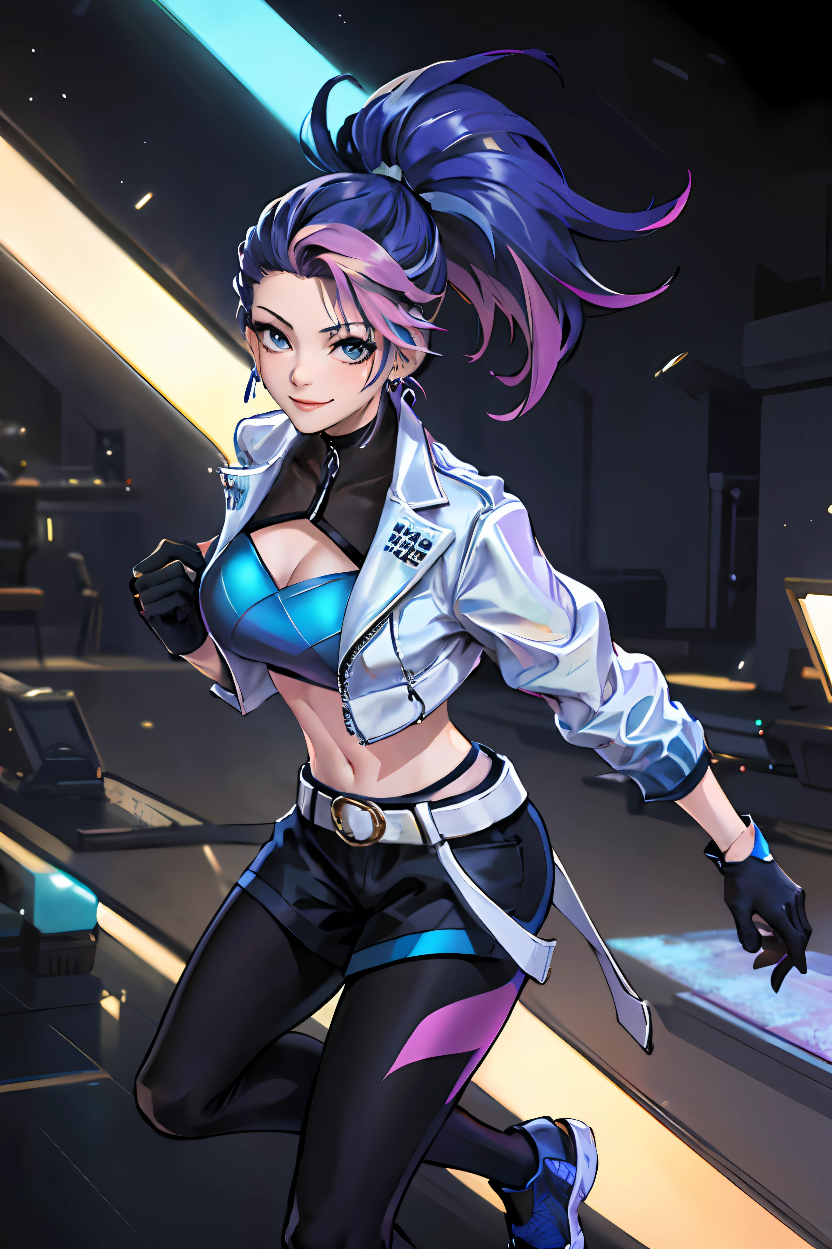 masterpiece, best quality, highres, akali, 1girl, k/da \(league of legends\), solo, (neon purple hair:1.1), blue hair, (multicolored hair:1.1), jewelry, gloves, cropped jacket, midriff, earrings, two-tone hair, open jacket, black gloves, black sheer pantyhose, topless, huge breasts, blue eyes, belt buckle, ponytail, cowboy shot, evil smile, full body