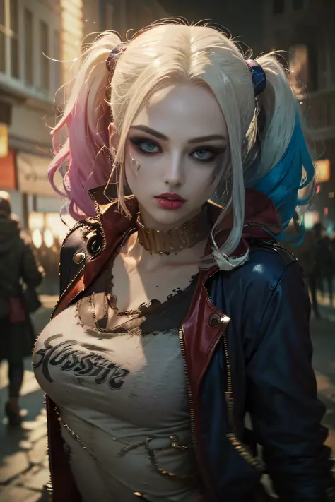 best quality, detailed 4K picture, cinematic and realistic representations  of the iconic DC character - Harley Quinn. She is a sexy ripped suit that  accentuates her curves and adds a touch to