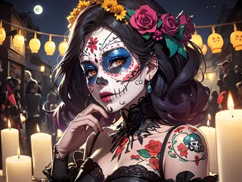 catrina, catrinamakeup, dia de los muertos skull, ultra realistic, hd, 4k, best shadows and lighting, masterpiece, festive, colo...