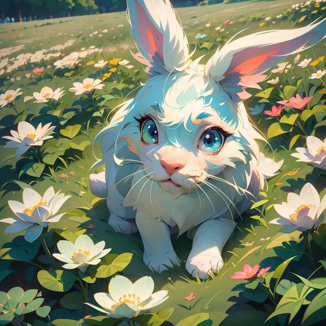 (extremely detailed CG unity 8k wallpaper,masterpiece, best quality, ultra-detailed),(best illumination, best shadow, an extremely delicate and beautiful),(cute bunny),(sleeping),(beautiful grass),(clouds),(colorful flowers)