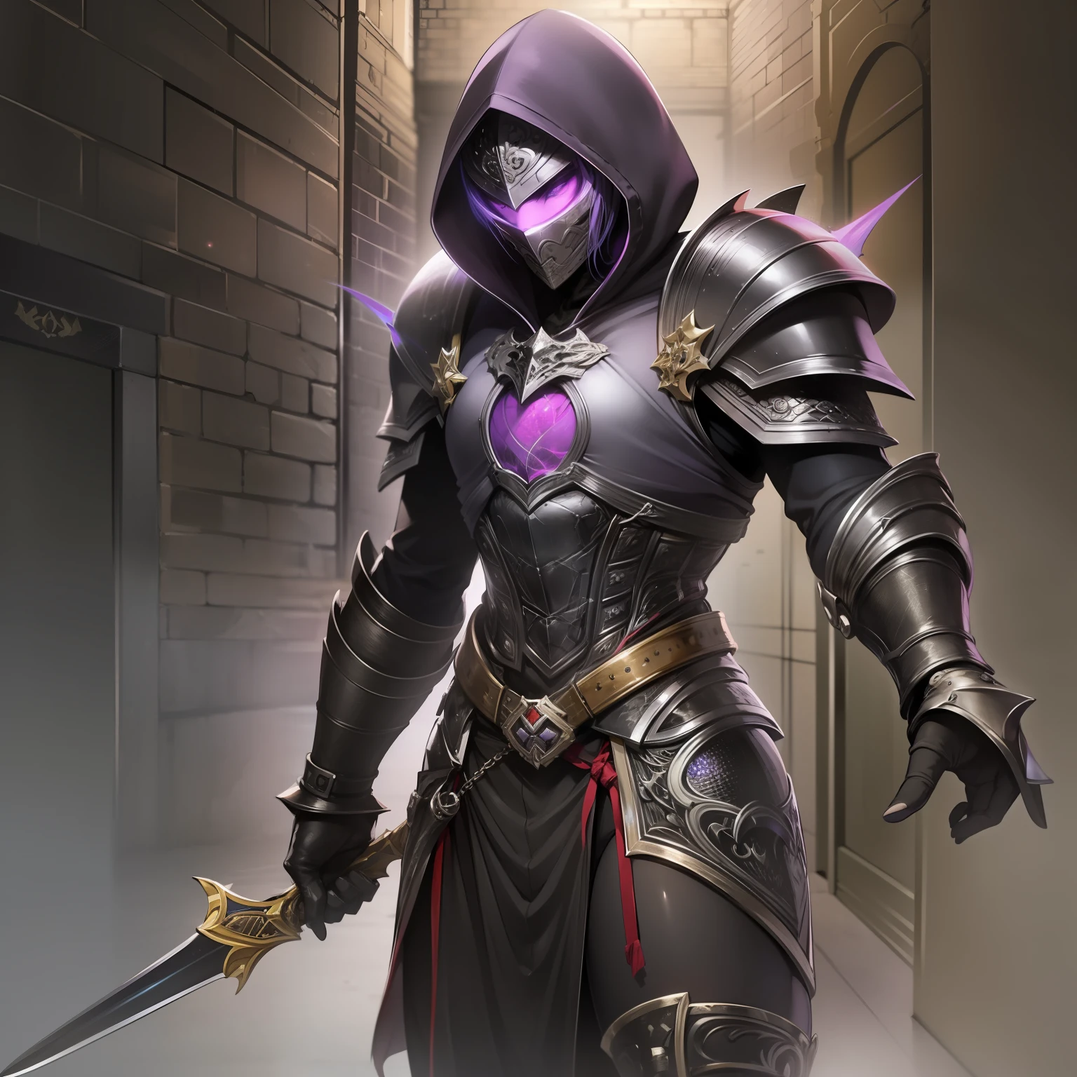 ((Male)), (mask on the floor of the face), black leather armor, short sword in hand, silver long hair, anime style, ultra-detailing, direct weapons, black armor, purple eyes, violet eyes, hood, hood on the head, glint in the eyes, stroke of the blow, corridor of the castle, dark fantasy, fantasy art, detailed image, 8k quality, high-quality art, purple glow behind the back, purple light overhead, purple radiation from the hand,  fantasy, epic fantasy, guy, man