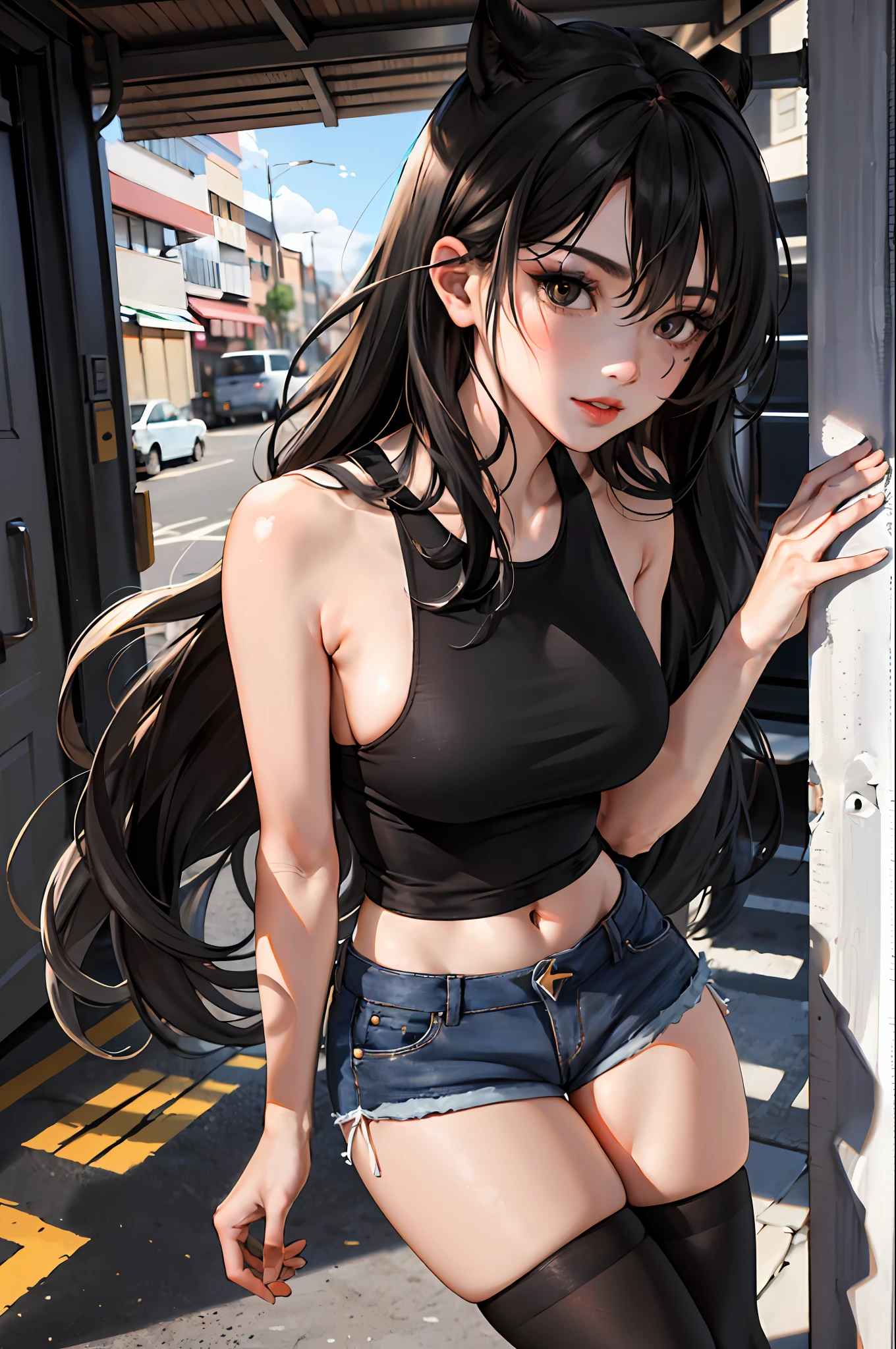 absurdres, best quality, 1girl, solo, looking at viewer, eye focus,  LucoaDM, CasualCL, shorts, tank top, thighhighs, heterochromia, eye focus, 
ADDCOMM
green eyes
ADDCOL
(black eyes:1.5), slit pupils, bright pupils, yellow pupils