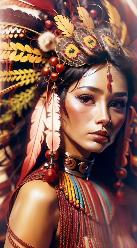 Native American beautiful, woman, drawn by ppublish, feather, colors