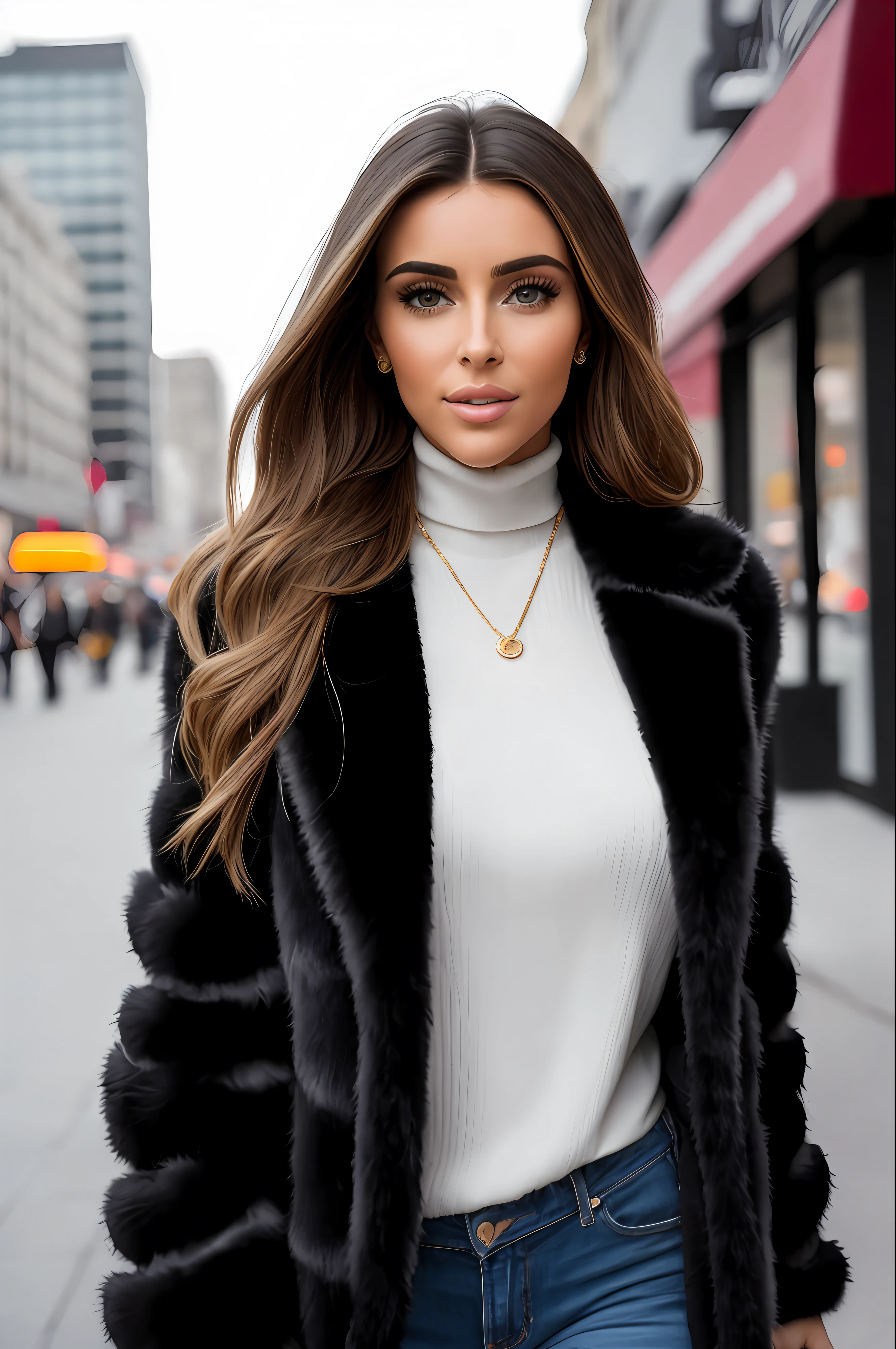 A woman wearing a black turtleneck sweater with a black fur coat, gold ring, brunette with dyed blonde hair, Julia Sarda, Christina Kritkou, black turtleneck, wearing turtleneck and jacket, portrait of Kim Kardashian, inspired by Gina Pellón, tanned Ameera al Taweel, Olivia Culpo, Julia Fuentes, flawless olive skin ((detailed face)),  ((detailed facial features)), (finely detailed skin), pale skin, walking through the city, megacity environment, New York City in the background, (cool colors), damp, damp, reflections, (masterpiece) (perfect aspect ratio)(realistic photo)(best quality) (detailed) photographed on a Canon EOS R5, 50mm lens, F/2.8, HDR, (8k) (wallpaper) (cinematic lighting) (dramatic lighting) (sharp focus) (intricate),  RAW photo, RAW photo, gigachad photo, posing for camera, 8k uhd, dslr, high quality, grain film, Fujifilm XT3, film stock photography 4 kodak portra 400 camera f1.6 lens rich colors hyper realistic texture dramatic lighting unrealengine trend in artstation cinestill 800 tungsten, toughboy style, face ultra focus, intimidating