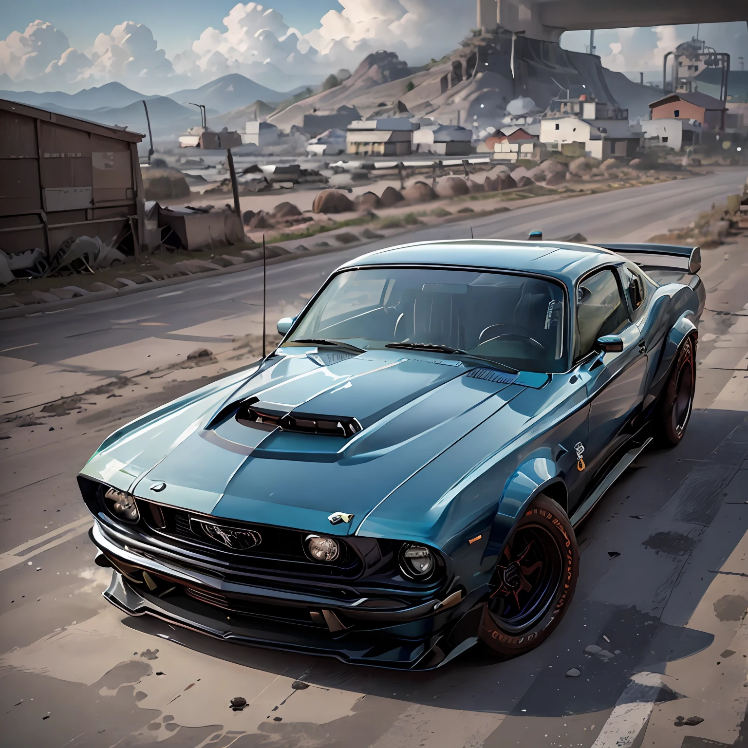Graphic design,ultra realistic, flat design, 1968 Ford Mustang Black Shelby, clean highly detailed, photorealistic masterpiece, professional photography, realistic car, apocalyptic pos background, isometric, vibrant color vector, sharp focus, volumetric mist, 8k UHD, DSLR, high quality, grain film, Fujifilm XT3
