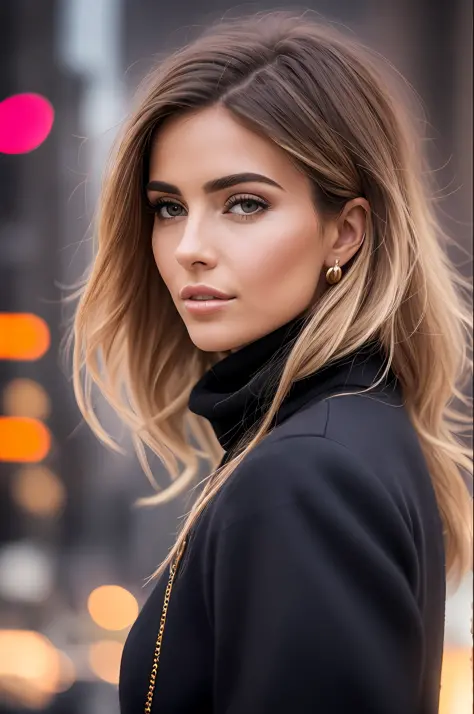 A woman wearing a black turtleneck sweater with a black fur coat, gold ring, brunette with dyed blonde hair, Julia Sarda, Christ...