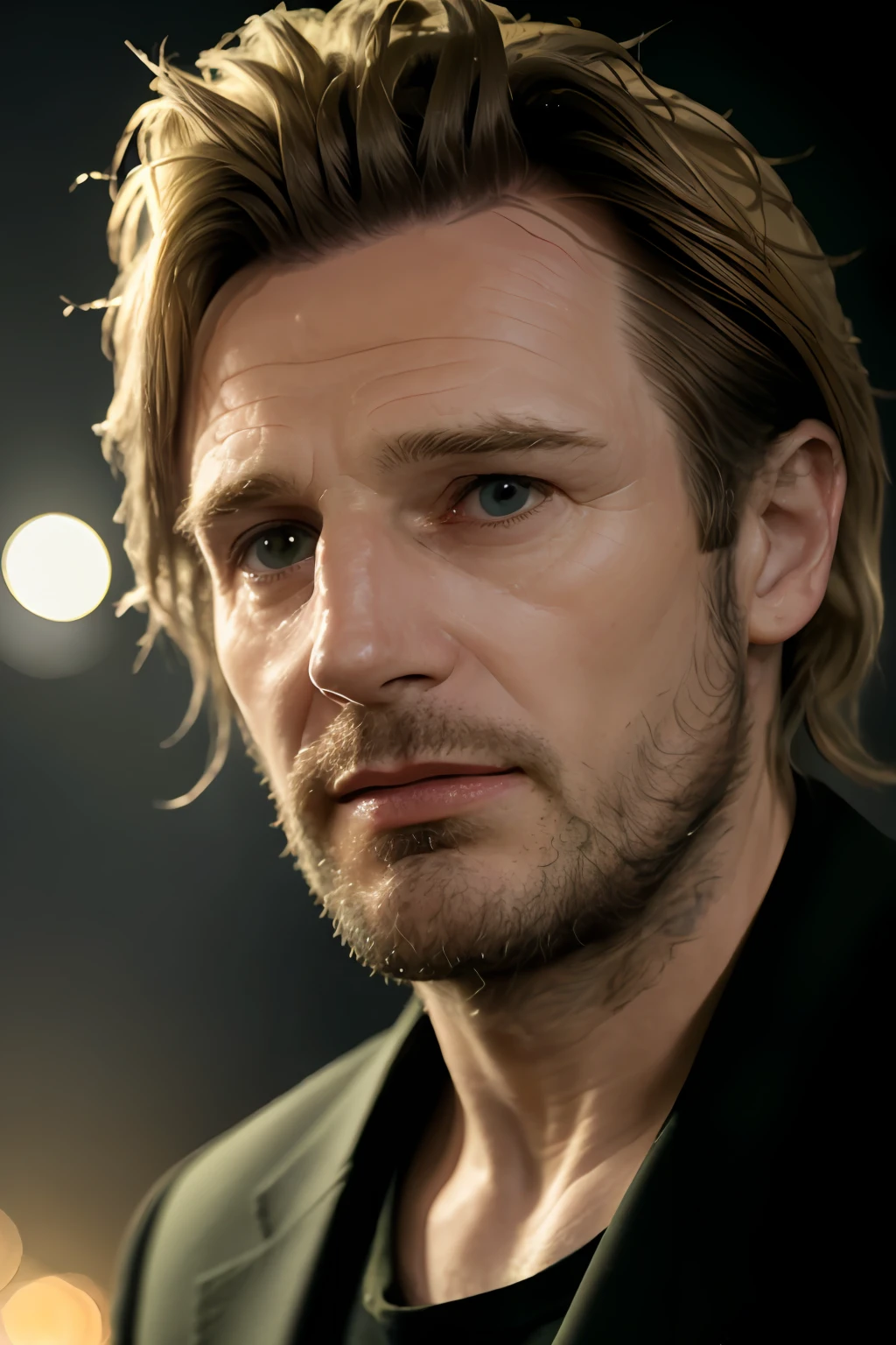 RAW 4k photo of a man with (shoulder-length blonde hair: 1.2), grumpy detective on the street, green border light, beard,(ominous lighting), midnight, center, bokeh