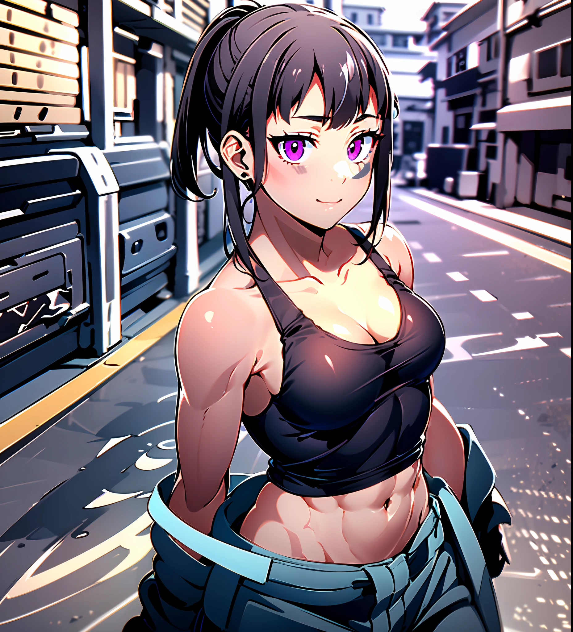 1girl, (solo:1.2), ((masterpiece)), (shadow), [slim], (small chest), ((sharp focus)), pale skin, ((detailed eyes)), (blurry background), flame effect, (tank top), oversized orange cargo pants, navel, gloves, (collarbone), dramatic pose, purple eyes