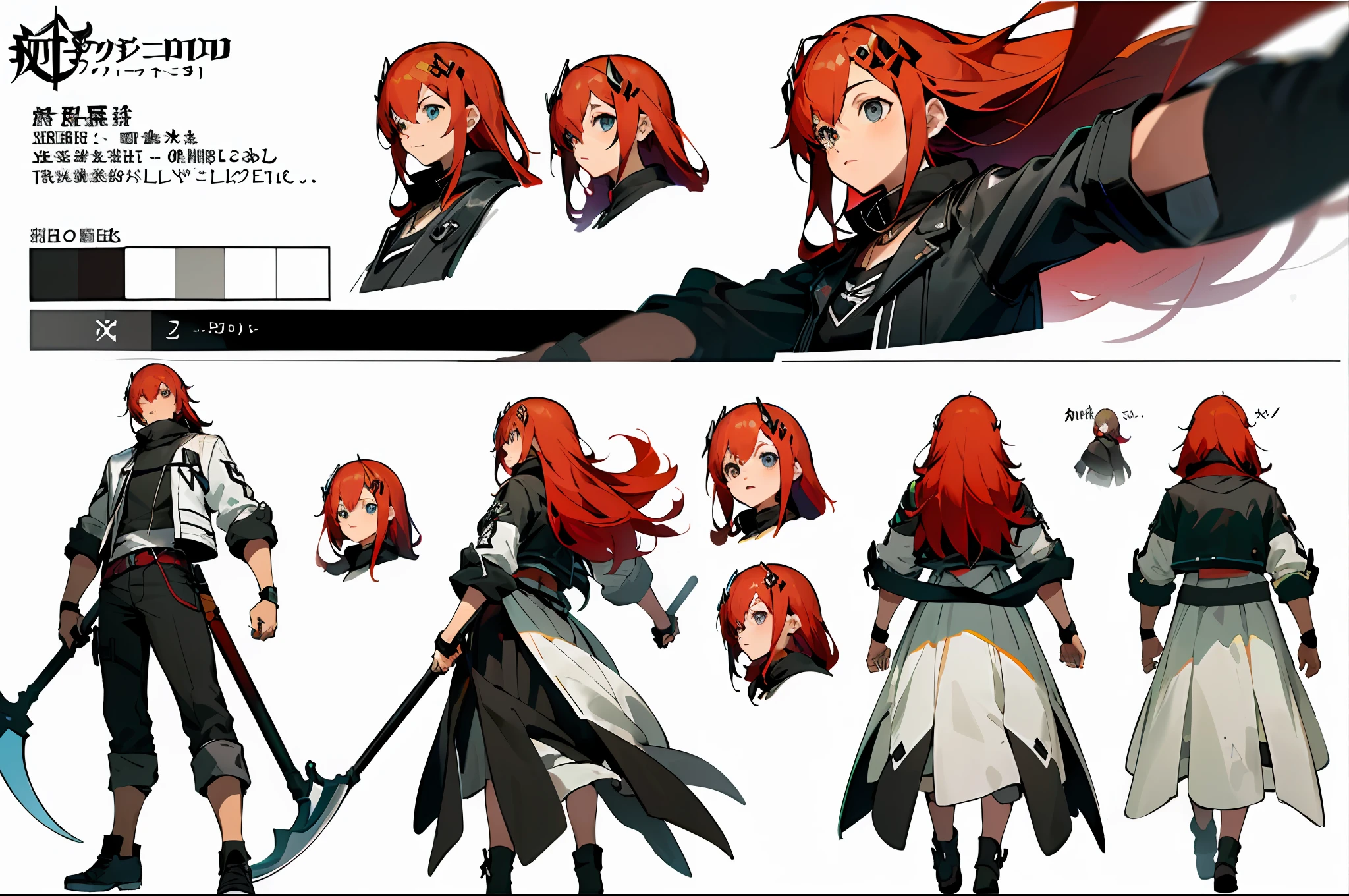 ((masterpiece)),(((best quality))),((character design sheet,same character,front,side,back)),illustration,1 male,long hair,hair on eyes,beautiful eyes,environment Scene change, pose too, male long red hair, white biker jacket, holding a scythe, charturnbetalora, (simple background, white background: 1.3)