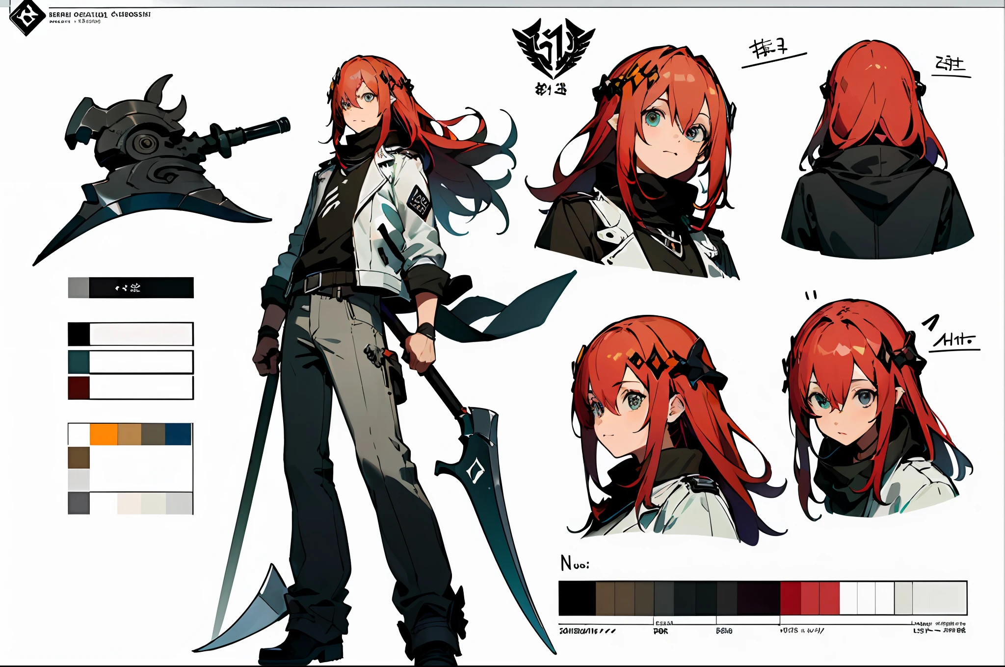 ((masterpiece)),(((best quality))),((character design sheet,same character,front,side,back)),illustration,1 male,long hair,hair on eyes,beautiful eyes,environment Scene change, pose too, male long red hair, white biker jacket, holding a scythe, charturnbetalora, (simple background, white background: 1.3)