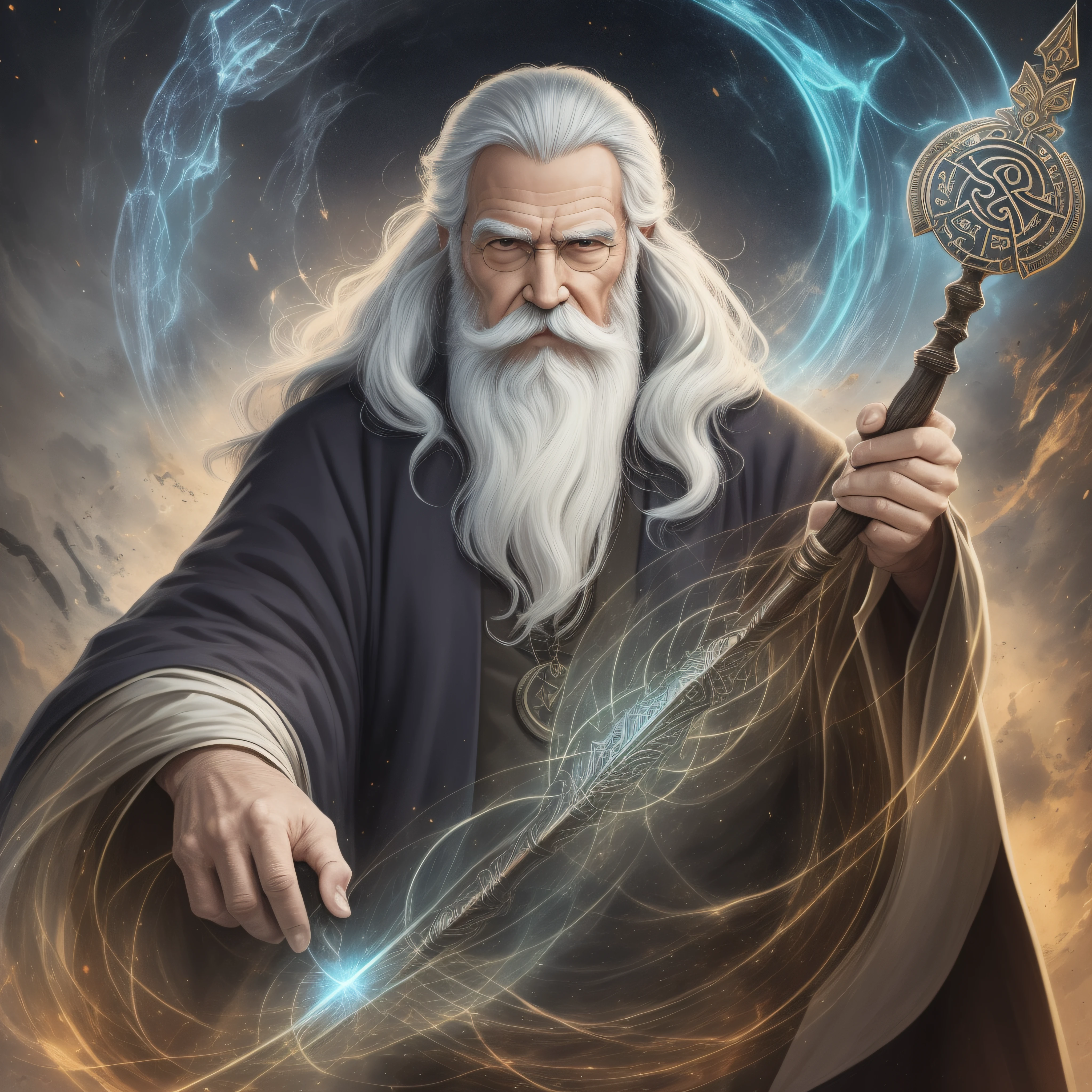 The drawing shows a wizarding man with long hair and a white beard. He ...