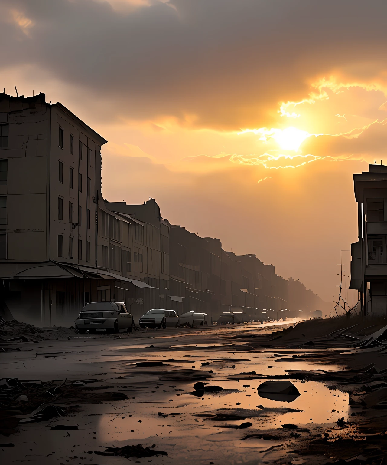 ((best quality)), ((masterpiece)), ((inked)), majestic intricately detailed soft oil painting by jim lee, (landscape shote of a post apocalyptic ruined rainy city:1.2),dusty crumbling rubble, desolate, scorching sun, sun set, somber, (backlit:1.3), highres, depth of field, (deep shadows:1.2), high detail, sharp focus, smooth, roughness, real life, backlit, photorealism, photography, cinematic Film still from the void|the walking dead