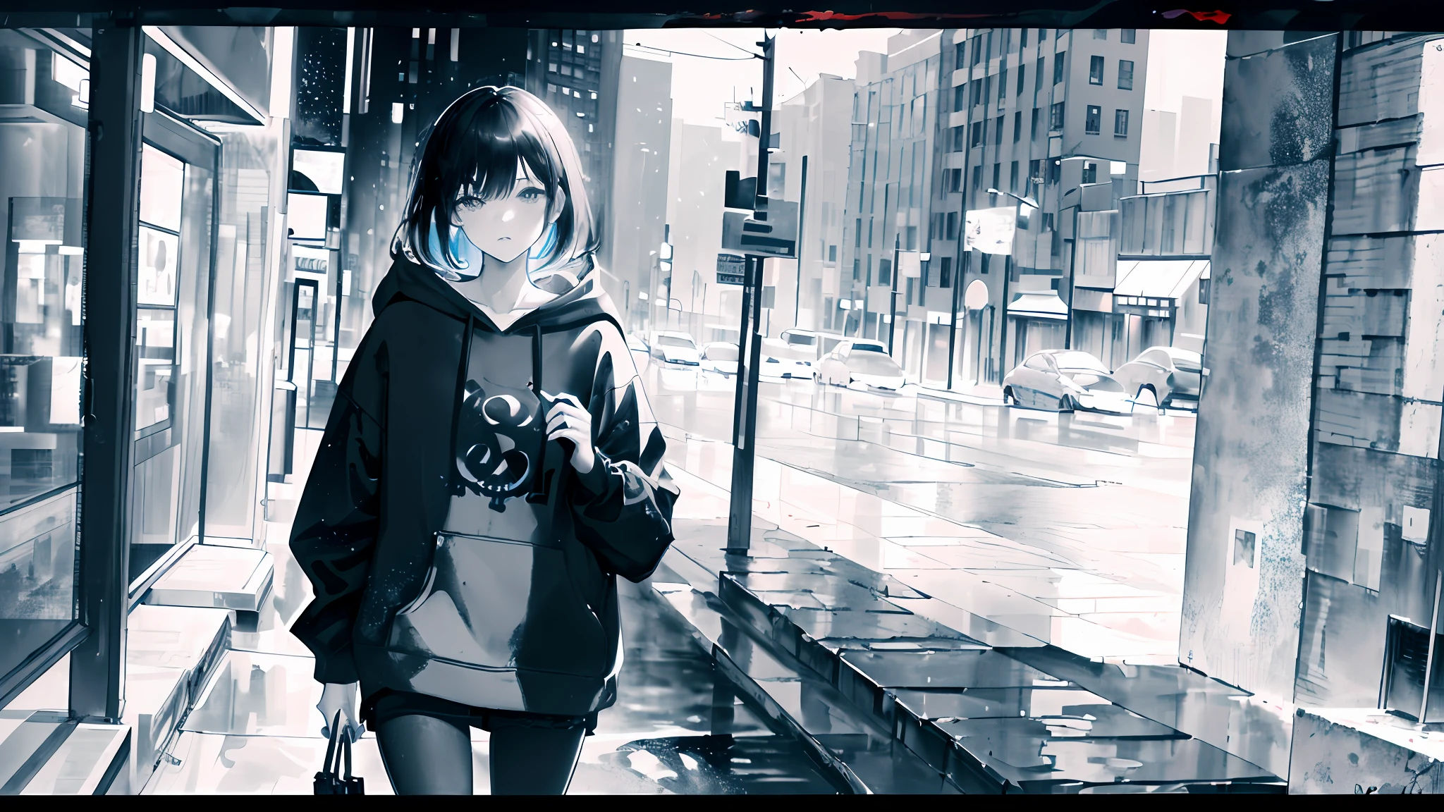 (art by Cornflower), (mdjrny-pntrt:1.3), (dalcefo), vaporwave, 
1 (slim:1.3) girl in hoodie, the girl has dreamy pupils, (look at veiwer:1.2), 
rainy city street, 
(chromatic aberration), (ink splash:1.3), (ink and wash painting), (partially colored:1.3), (graphite:1.2)